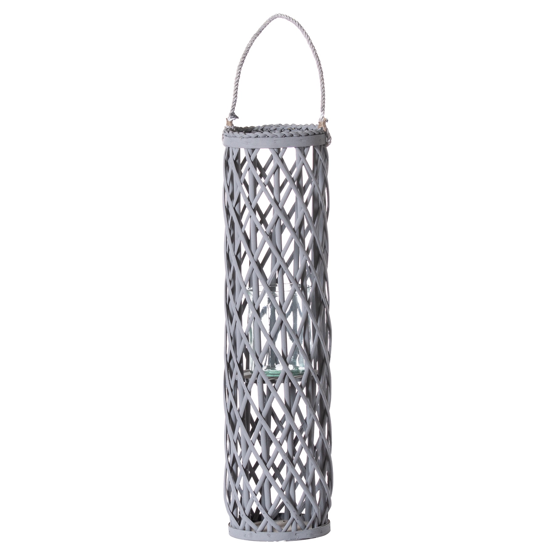 Large Grey Wicker Lantern With Glass Hurricane - Image 1
