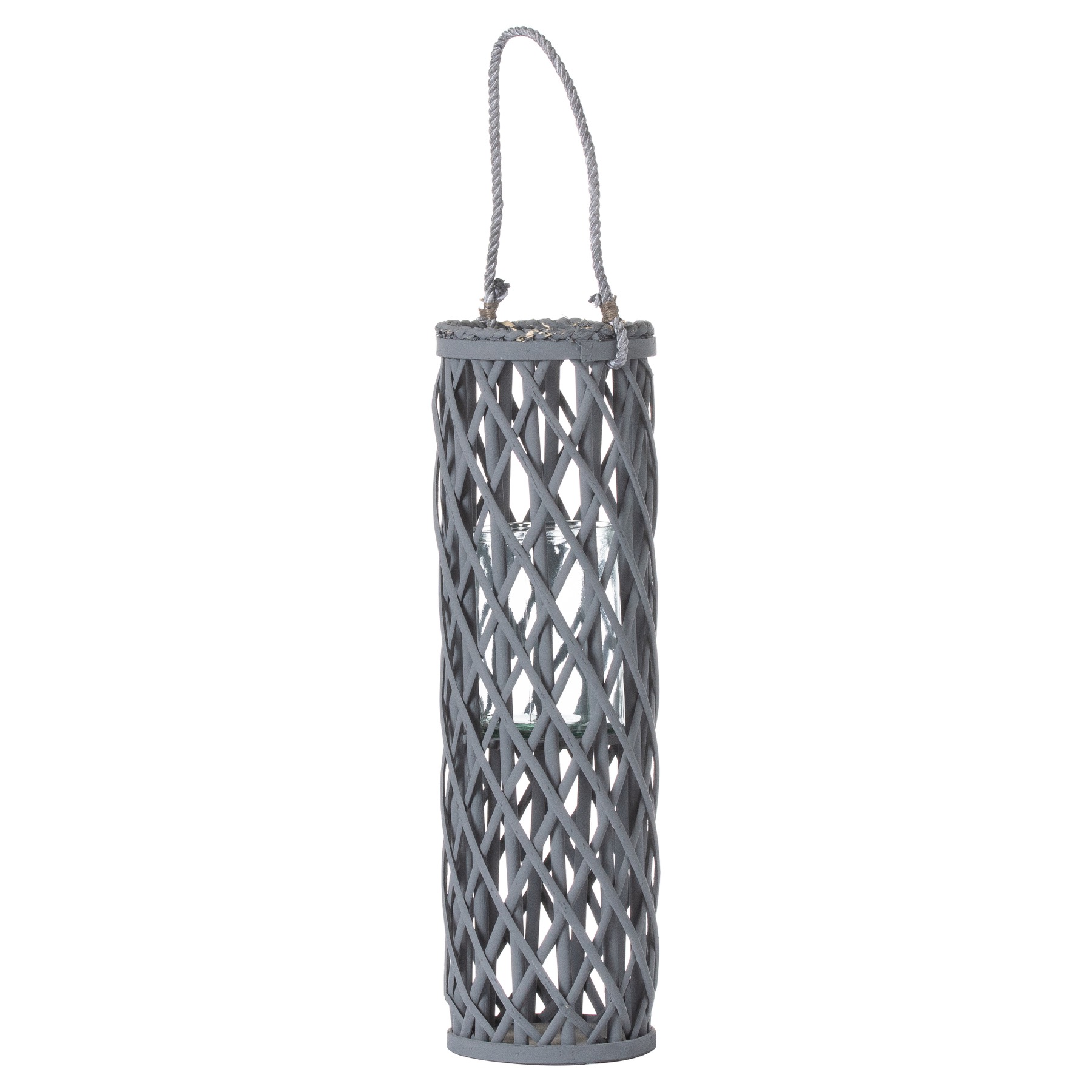 Medium Grey Wicker Lantern With Glass Hurricane - Image 1