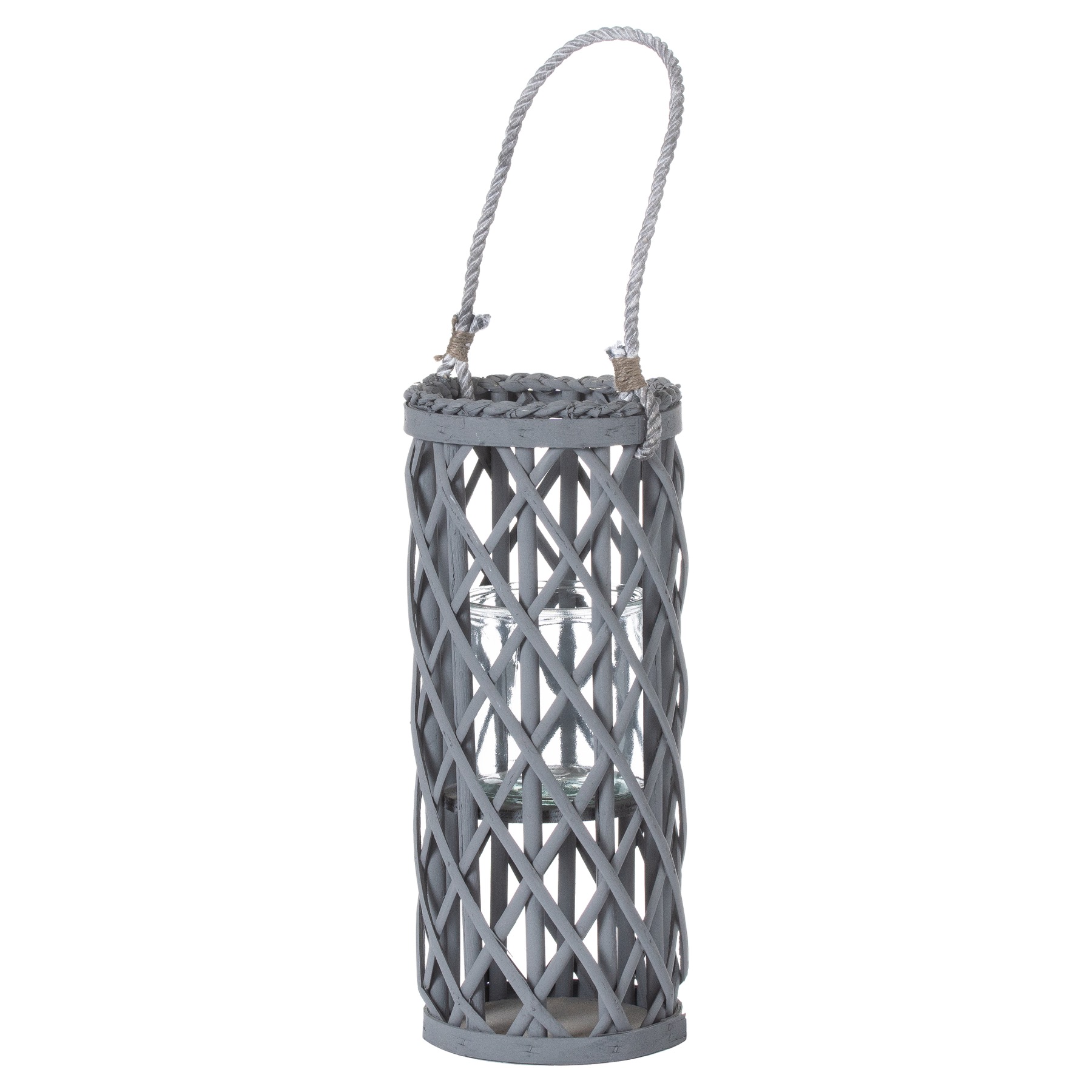 Small Grey Wicker Lantern With Glass Hurricane - Image 1