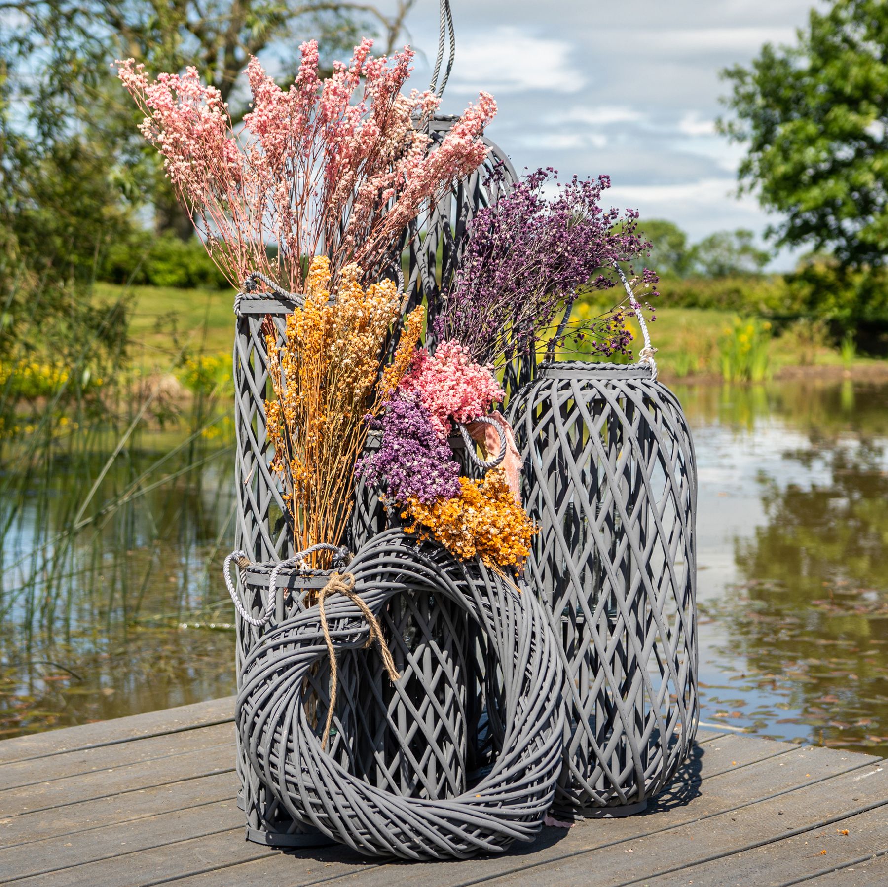 Large Grey Standing Wicker Lantern - Image 4