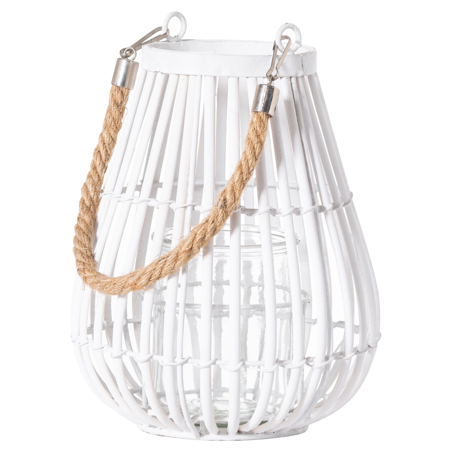 Small Domed White Rattan Lantern With Rope Detail - Image 1