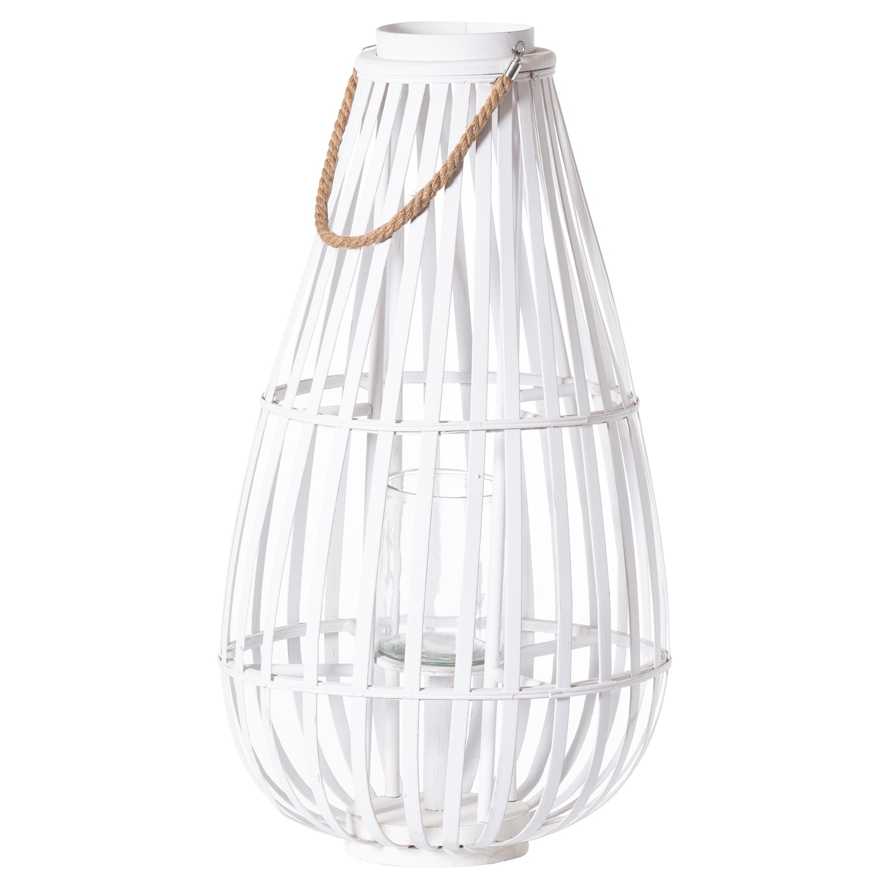 Large White Floor Standing  Domed Wicker Lantern With Rope - Image 1
