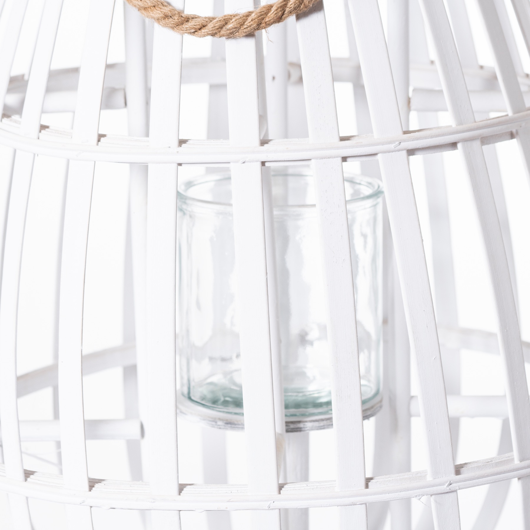 White Floor Standing Domed Wicker Lantern With Rope Detail - Image 2