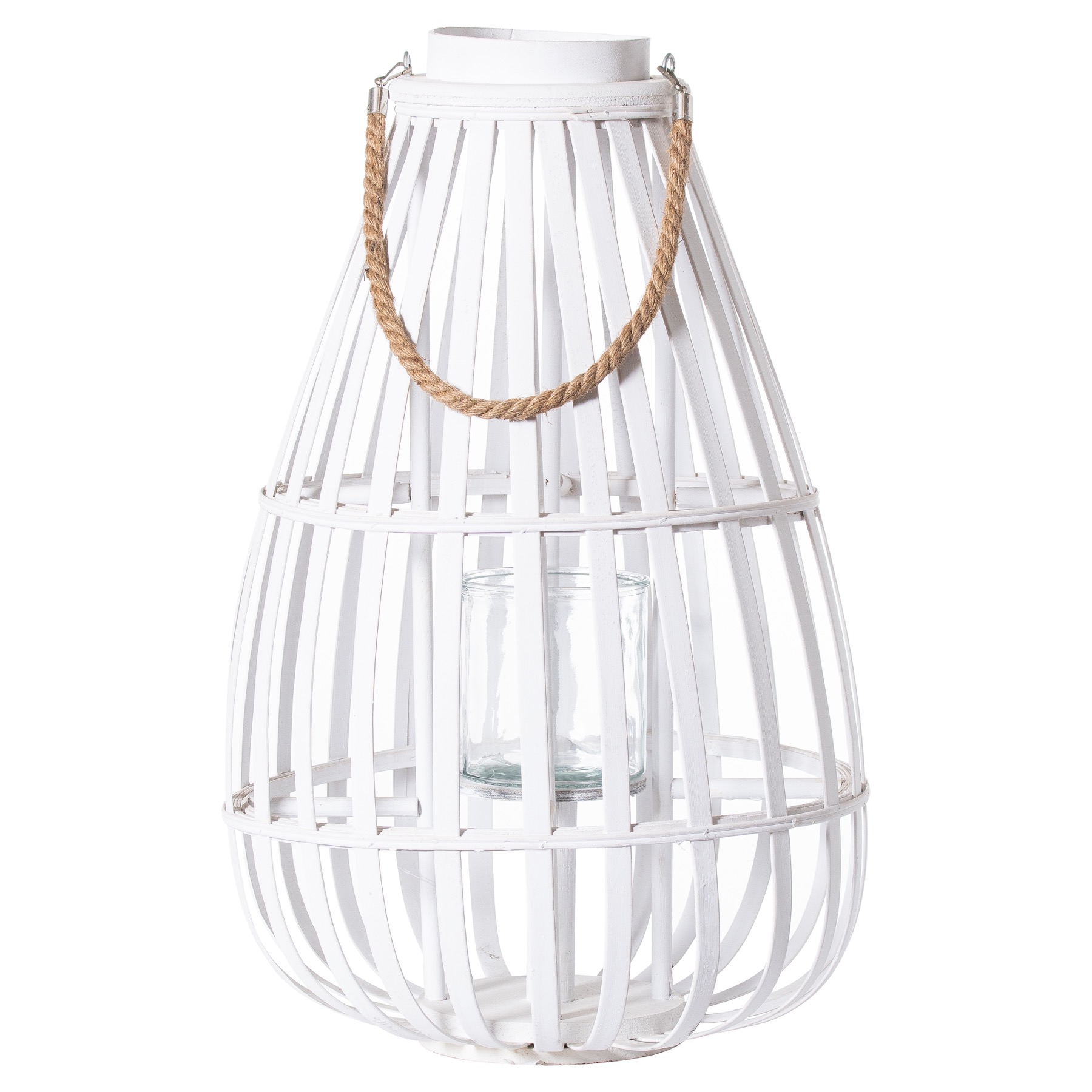 White Floor Standing Domed Wicker Lantern With Rope Detail - Image 1
