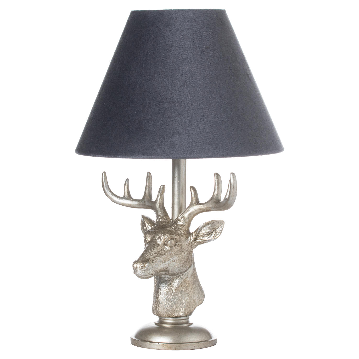 Silver Stag Head Table Lamp With Grey Velvet Shade - Image 1