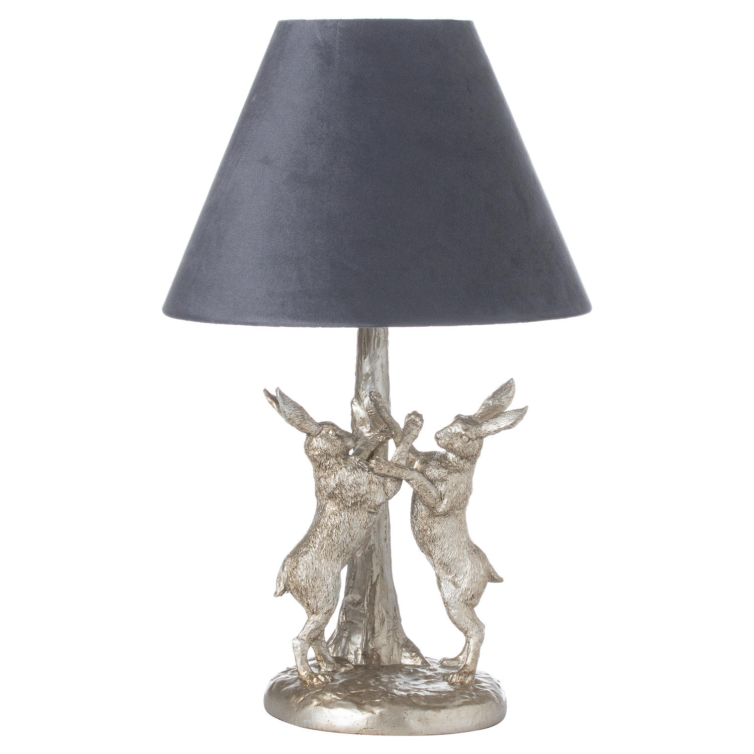 Antique Silver Marching Hares Lamp With Grey Velvet Shade - Image 1
