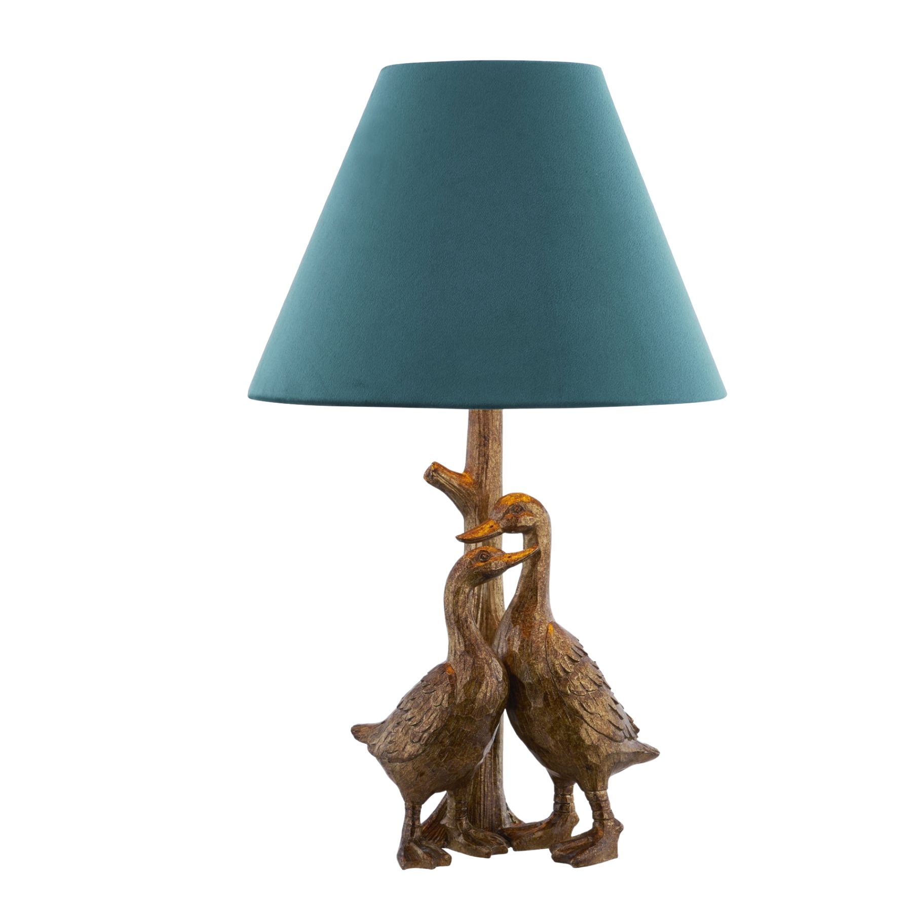 Gold Pair Of Ducks Table Lamps With Velvet Shade - Image 2