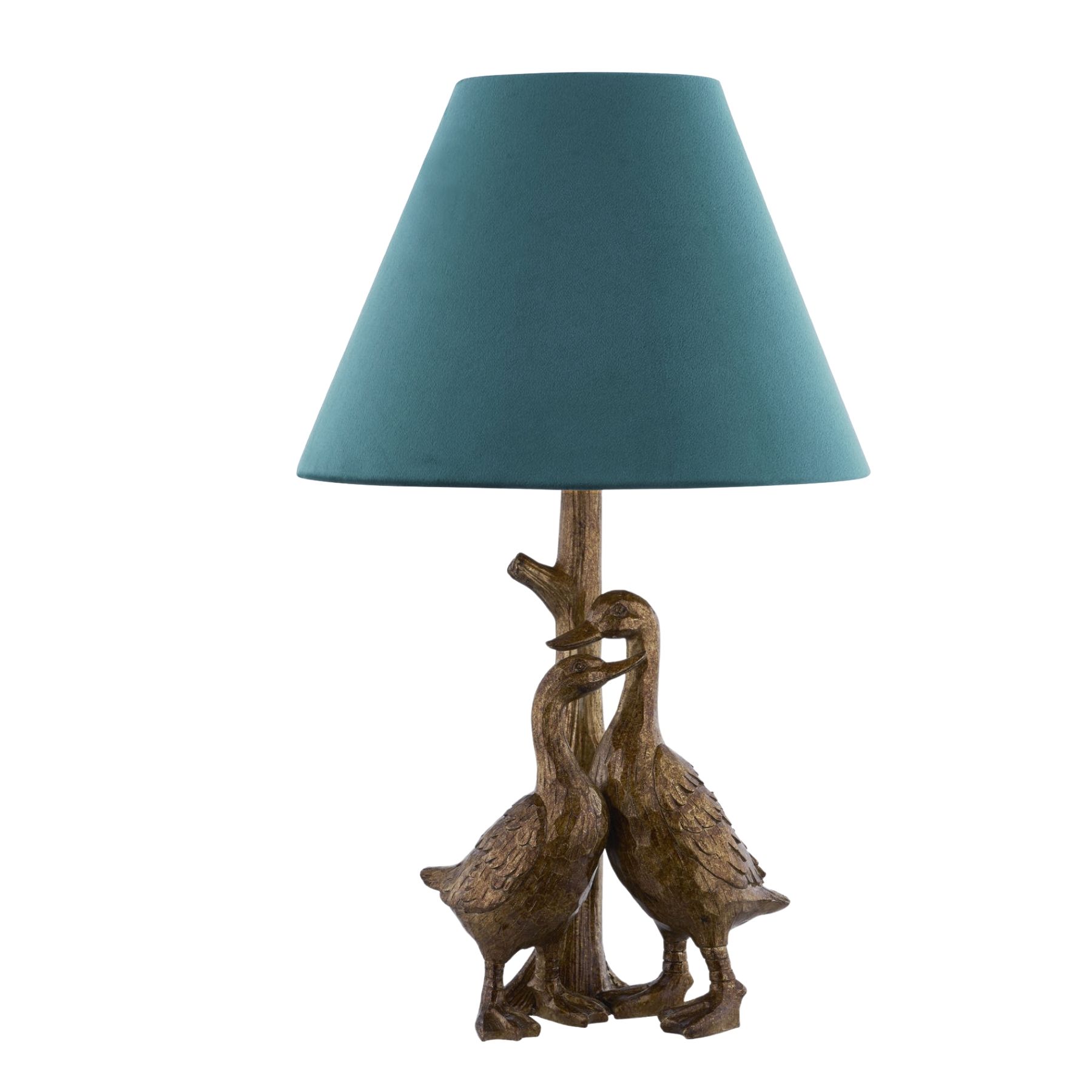Gold Pair Of Ducks Table Lamps With Velvet Shade - Image 1