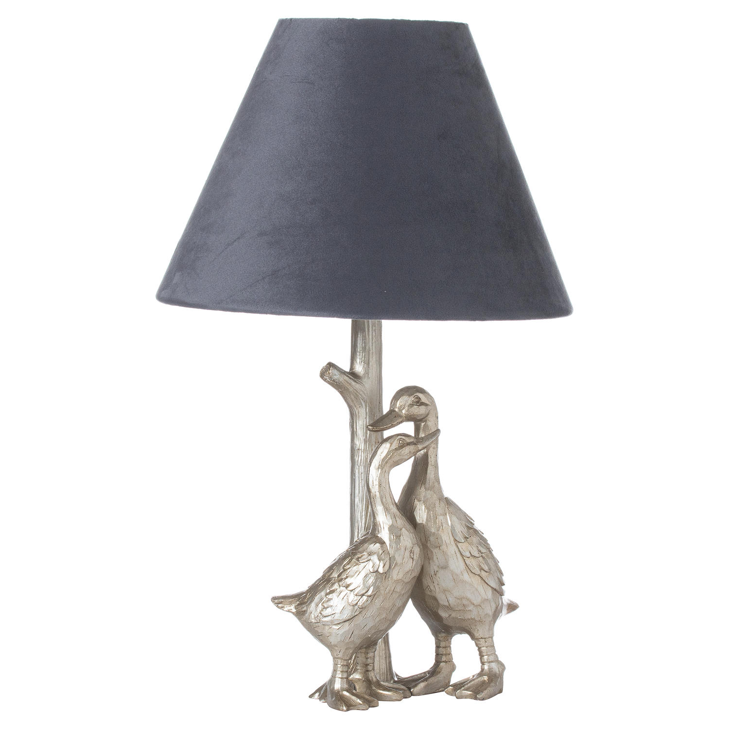 Silver Pair Of Ducks Table Lamps With Velvet Shade - Image 1