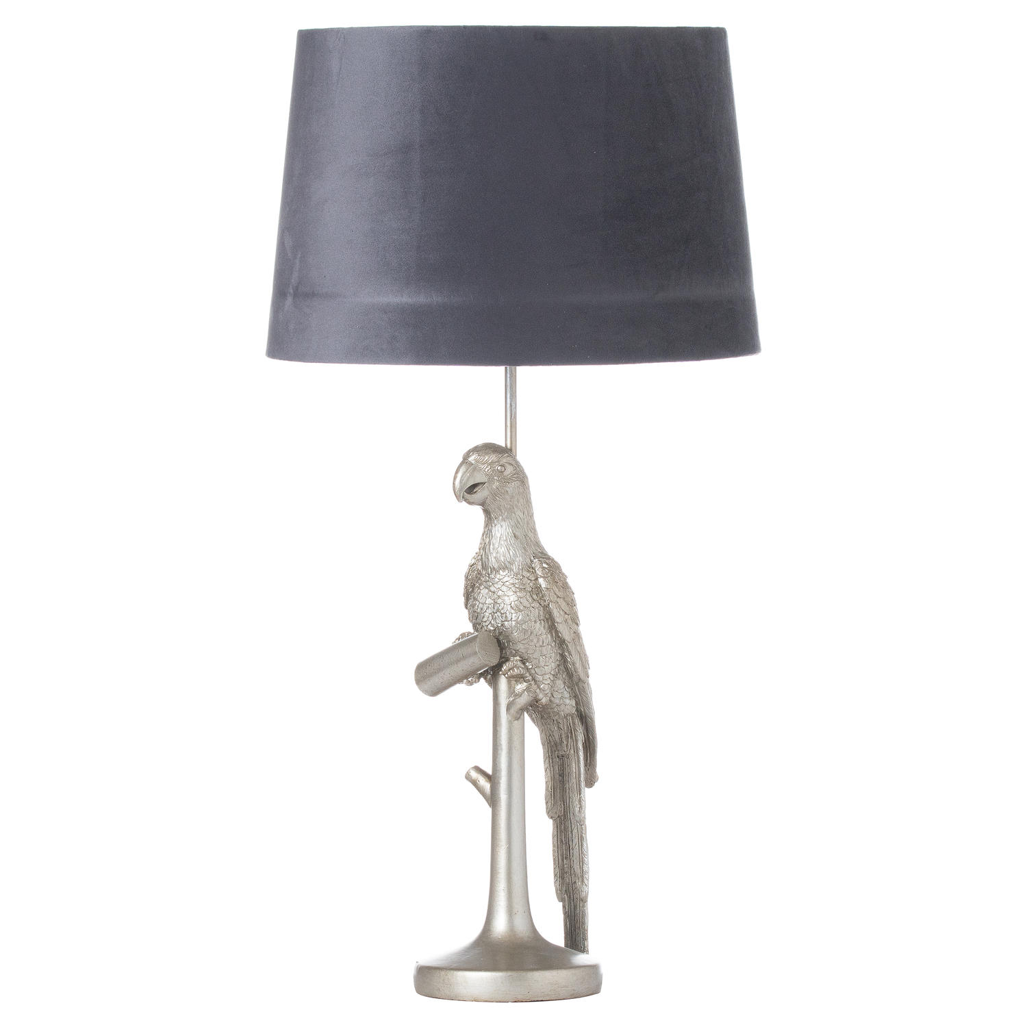 Percy The Parrot Silver Table Lamp With Grey Velvet Shade - Image 1