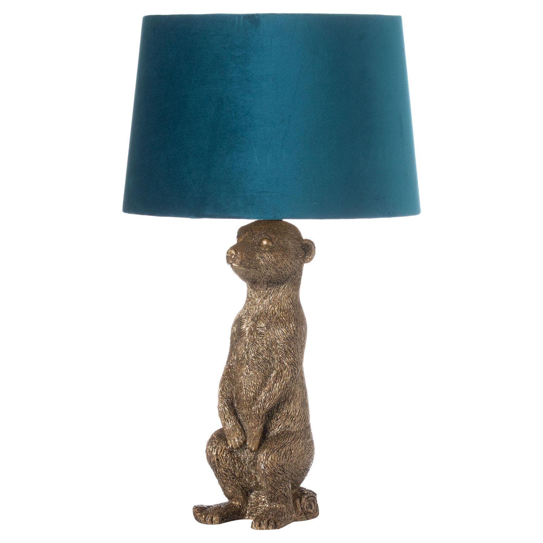 Morris The Meerkat Table Lamp With Teal Velvet Shade - Image 1