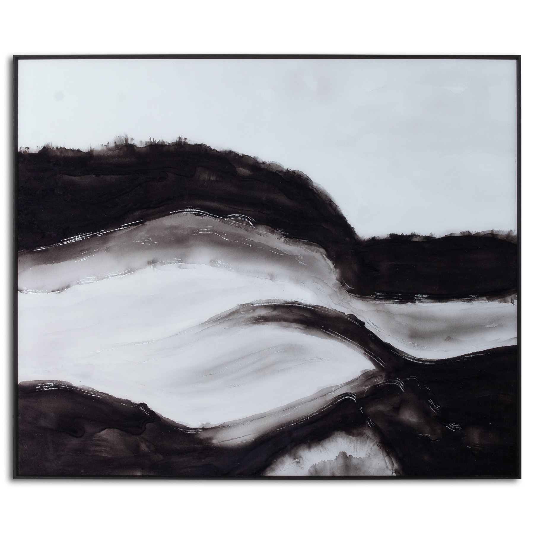 Black and White Rolling Hills Glass Image in Black Frame - Image 1