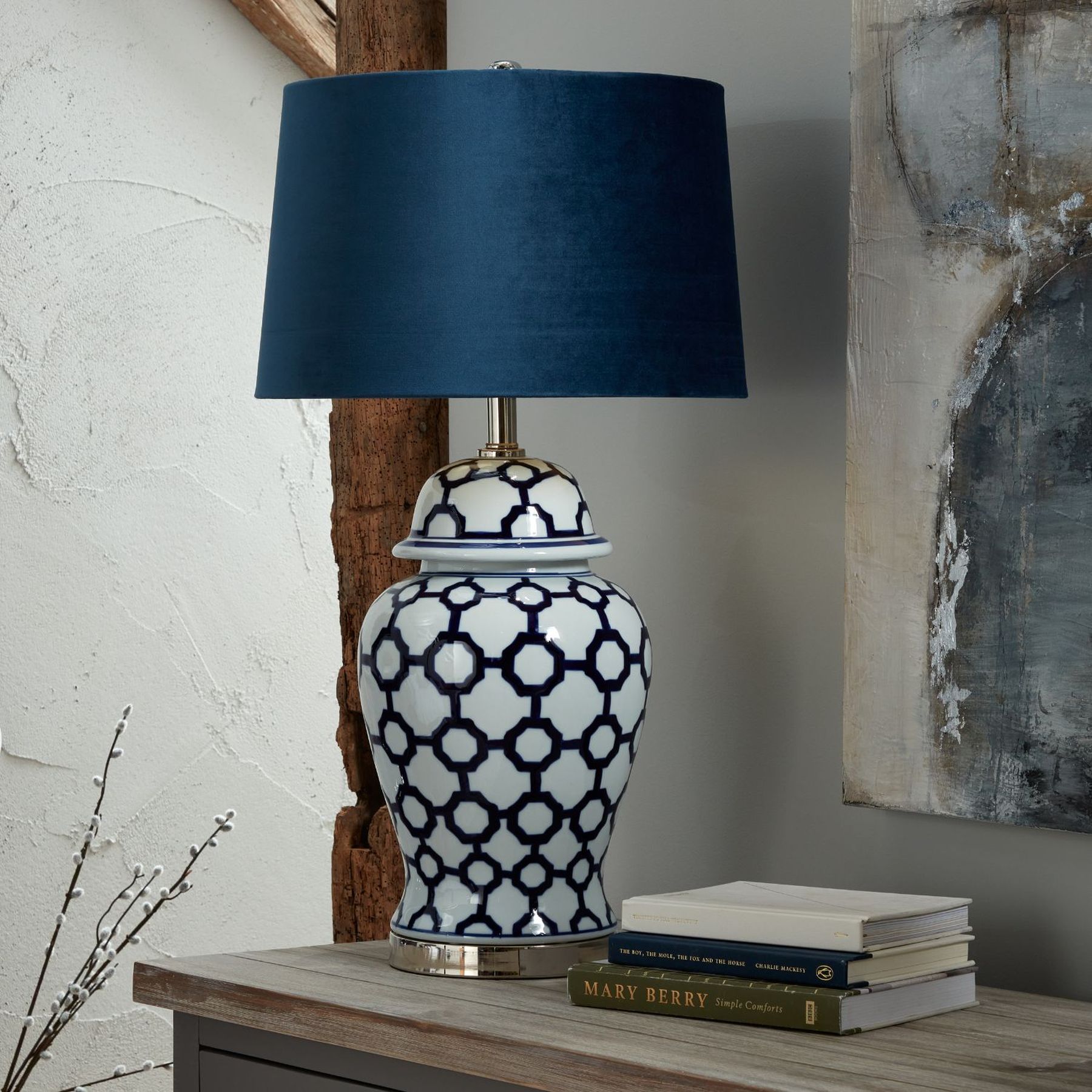 Acanthus Blue And White Ceramic Lamp With Blue Velvet Shade - Image 4