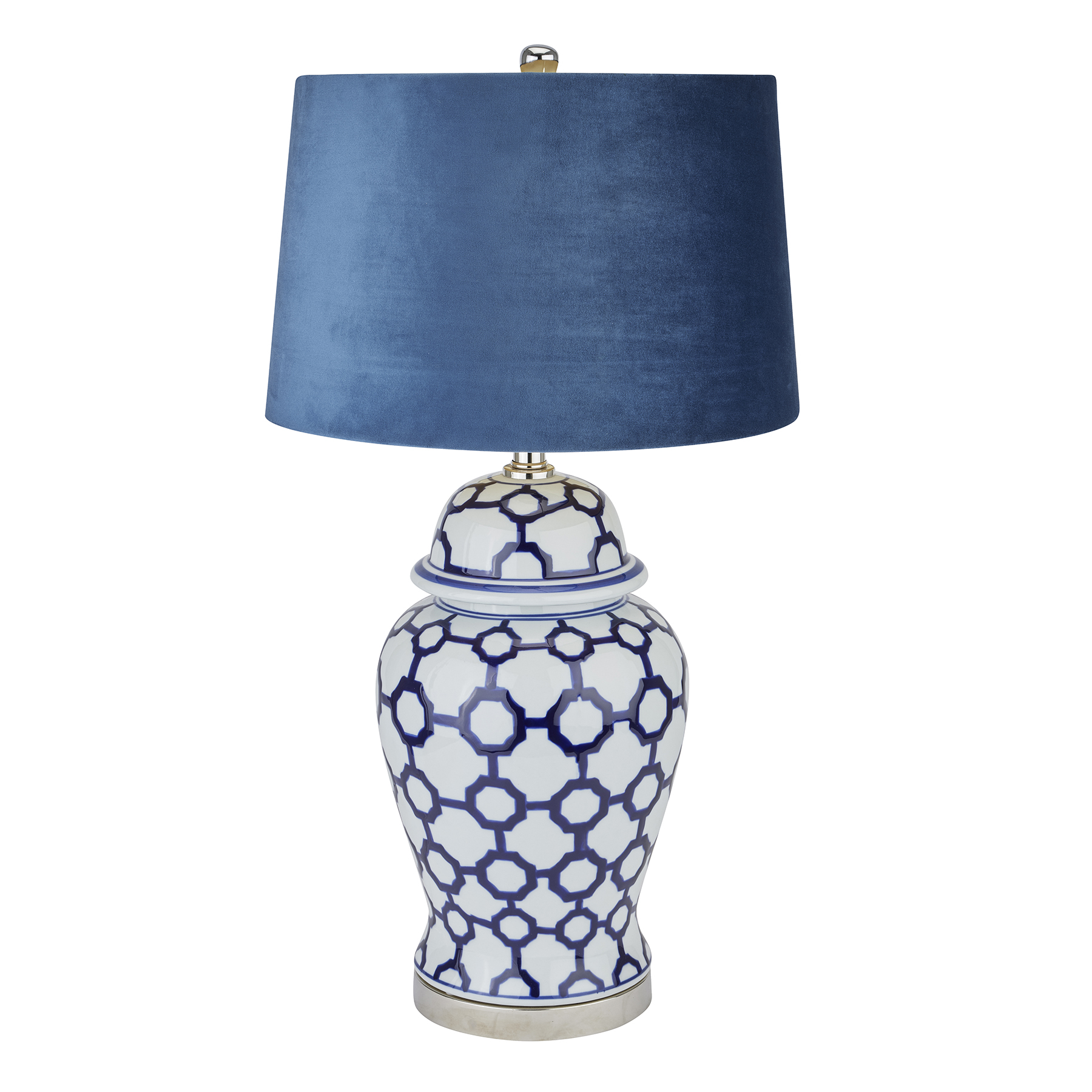 Acanthus Blue And White Ceramic Lamp With Blue Velvet Shade - Image 1