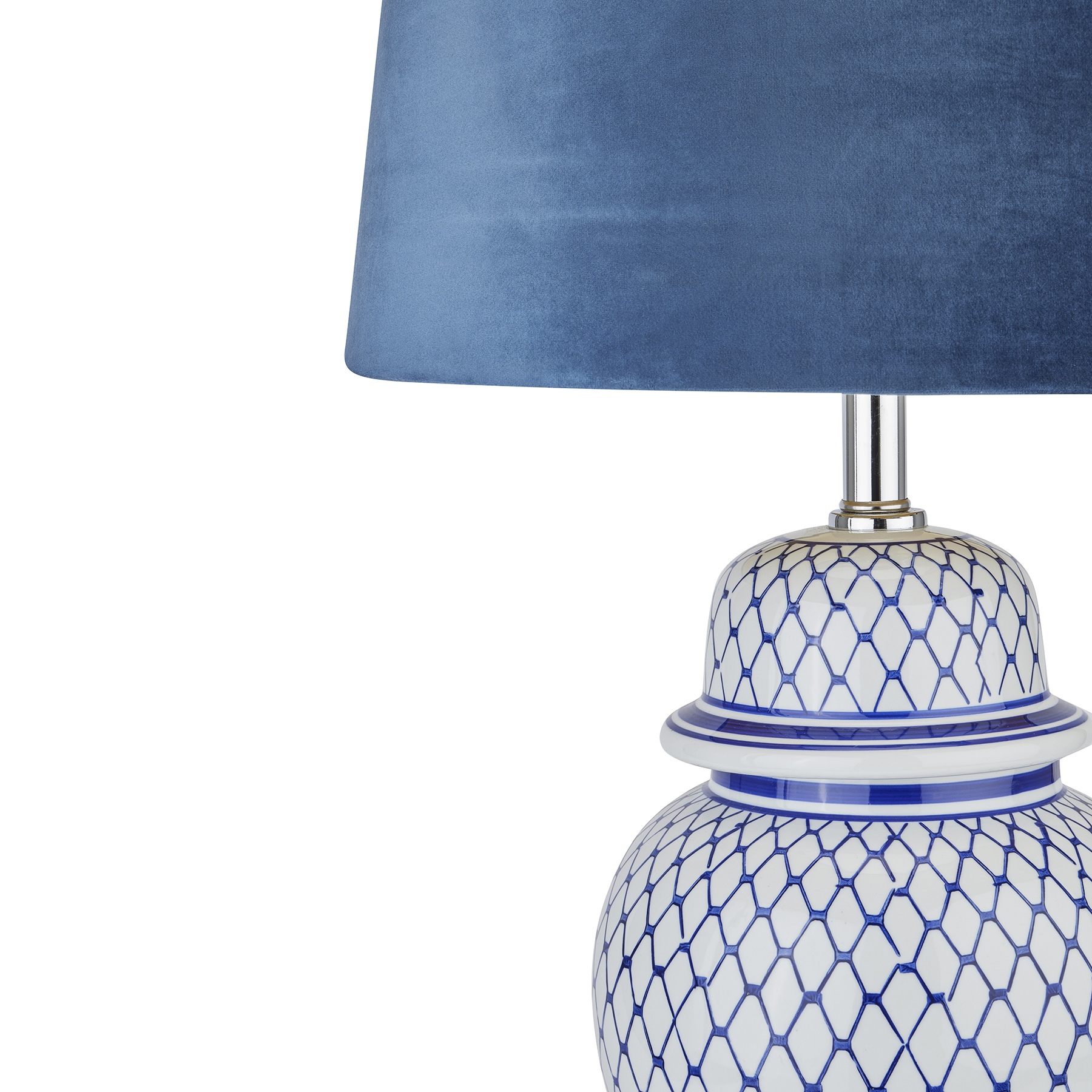 Malabar Blue And White Ceramic Lamp With Blue Velvet Shade - Image 2