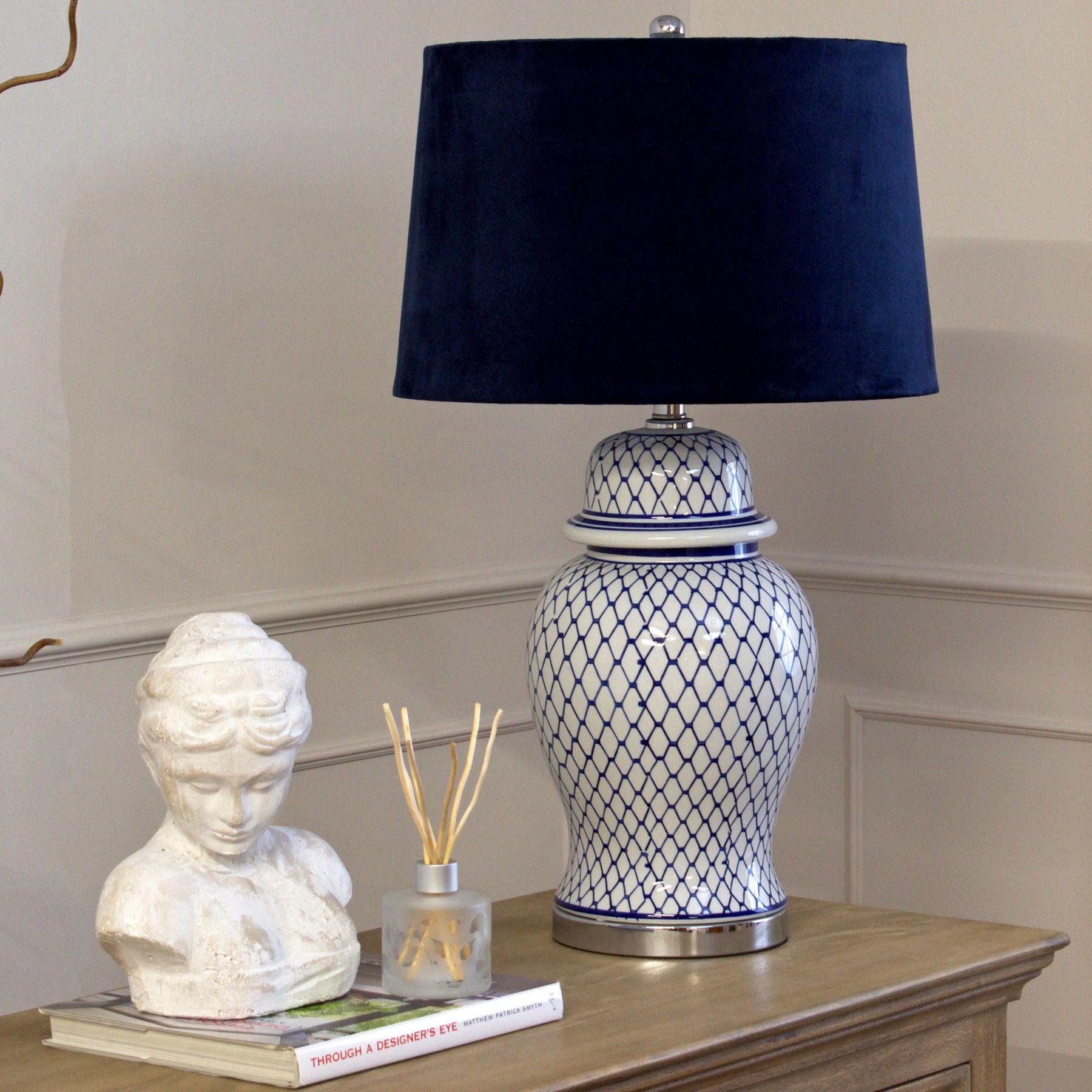 Malabar Blue And White Ceramic Lamp With Blue Velvet Shade - Image 7