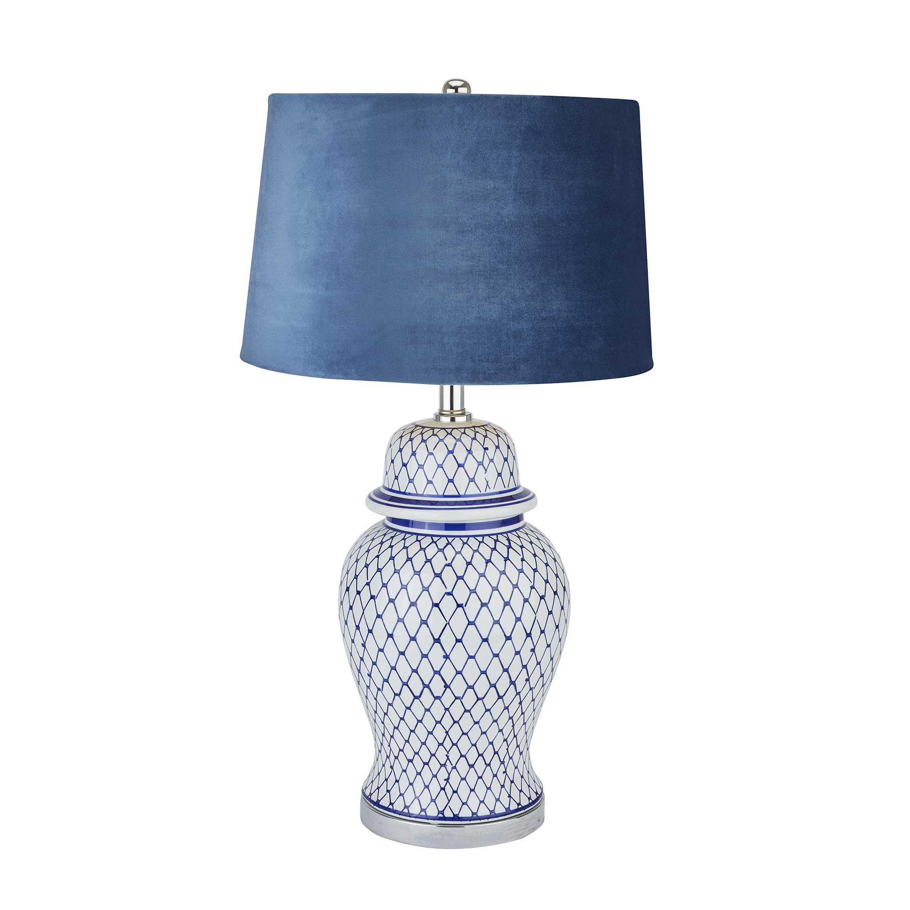 Malabar Blue And White Ceramic Lamp With Blue Velvet Shade - Image 1