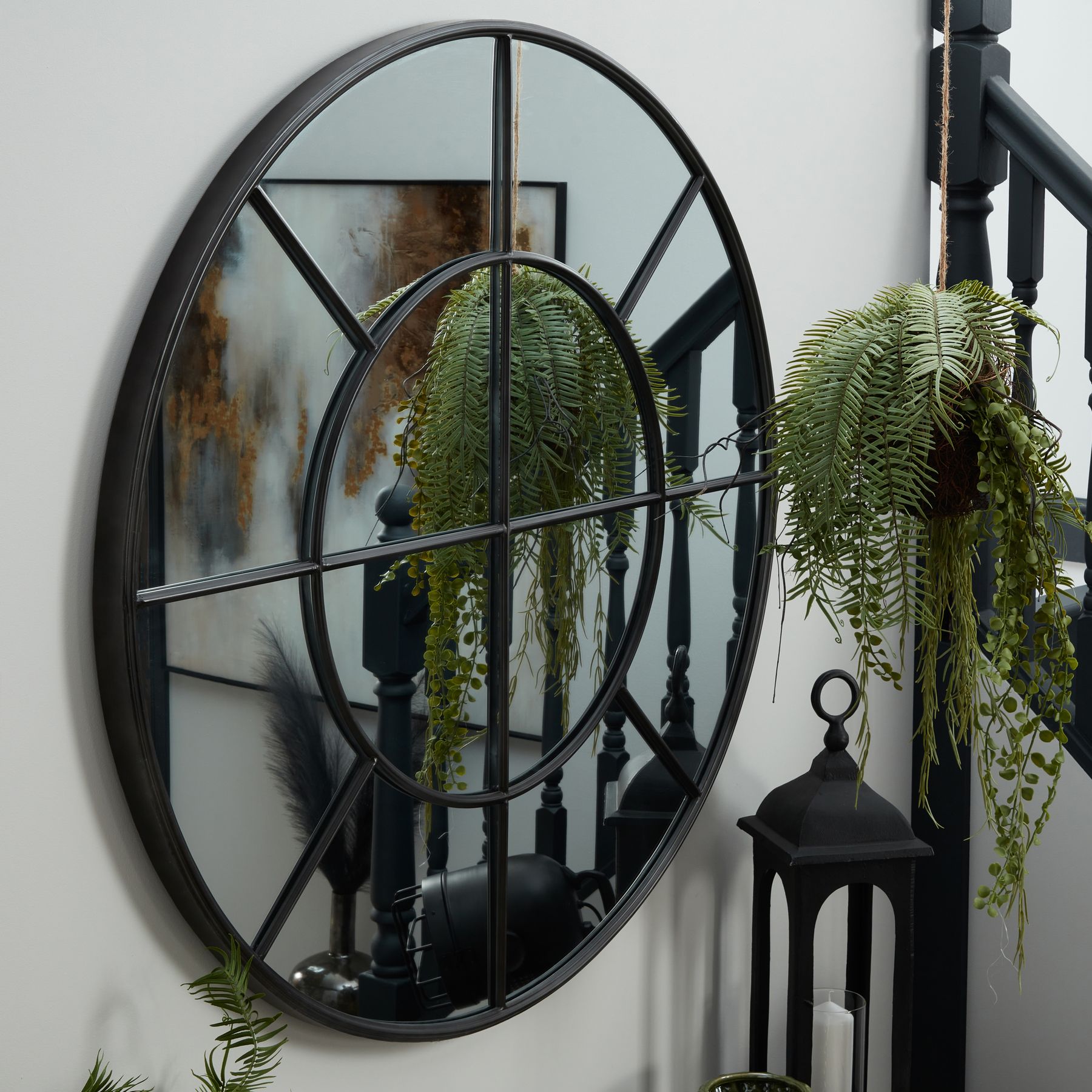 Large Round Metal Window Mirror In Black - Image 3