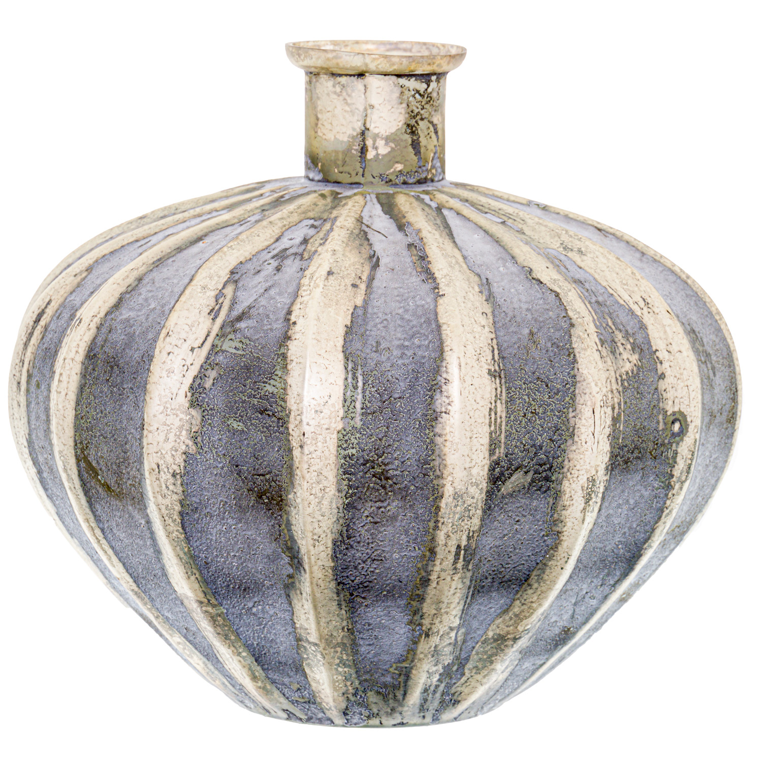 Burnished And Grey Striped Squat Vase - Image 1