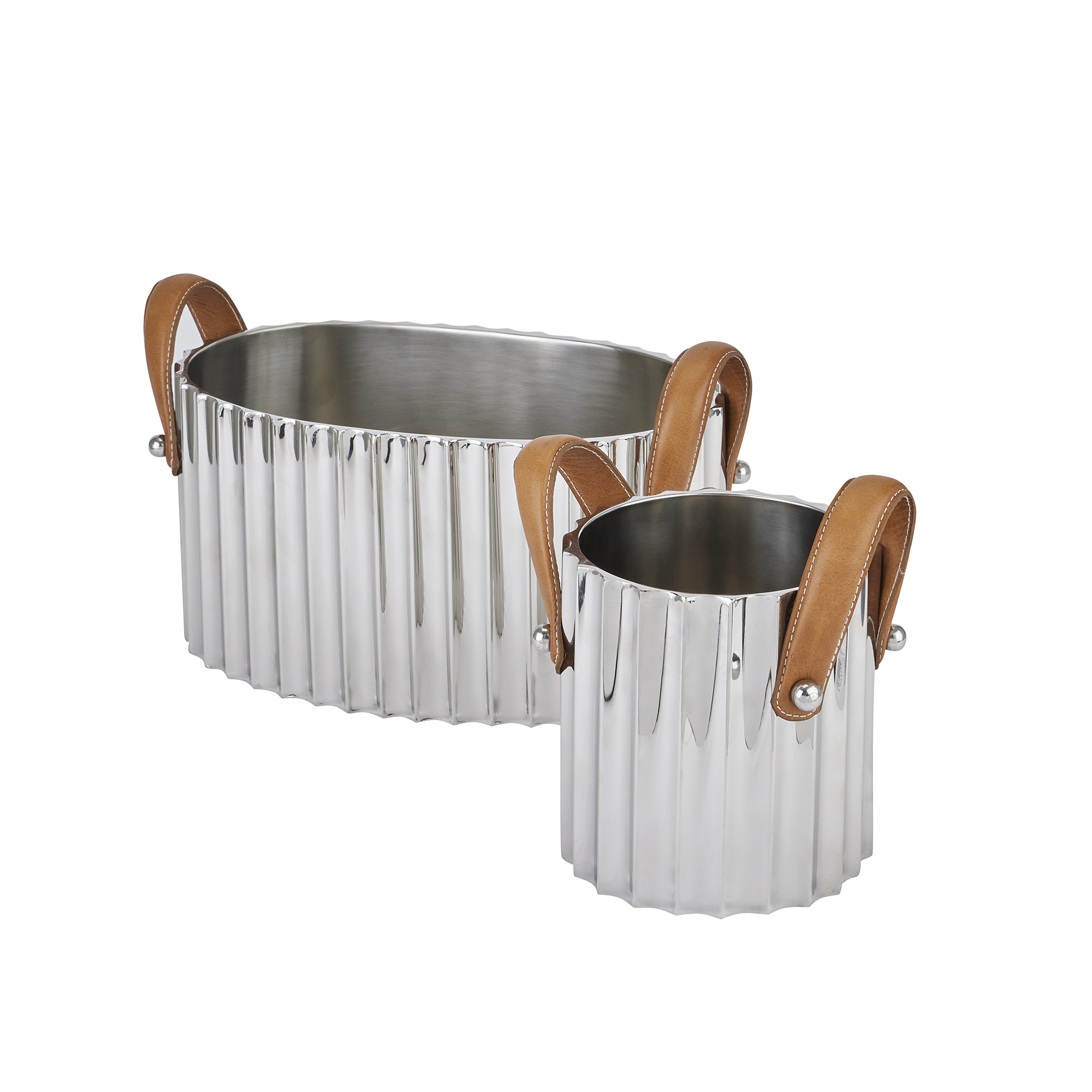 Large Silver Fluted Leather Handled Champagne Cooler - Image 3