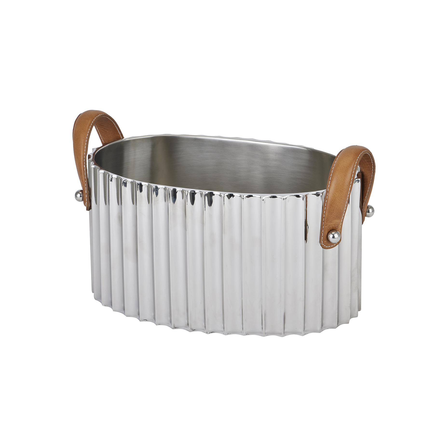Large Silver Fluted Leather Handled Champagne Cooler - Image 1