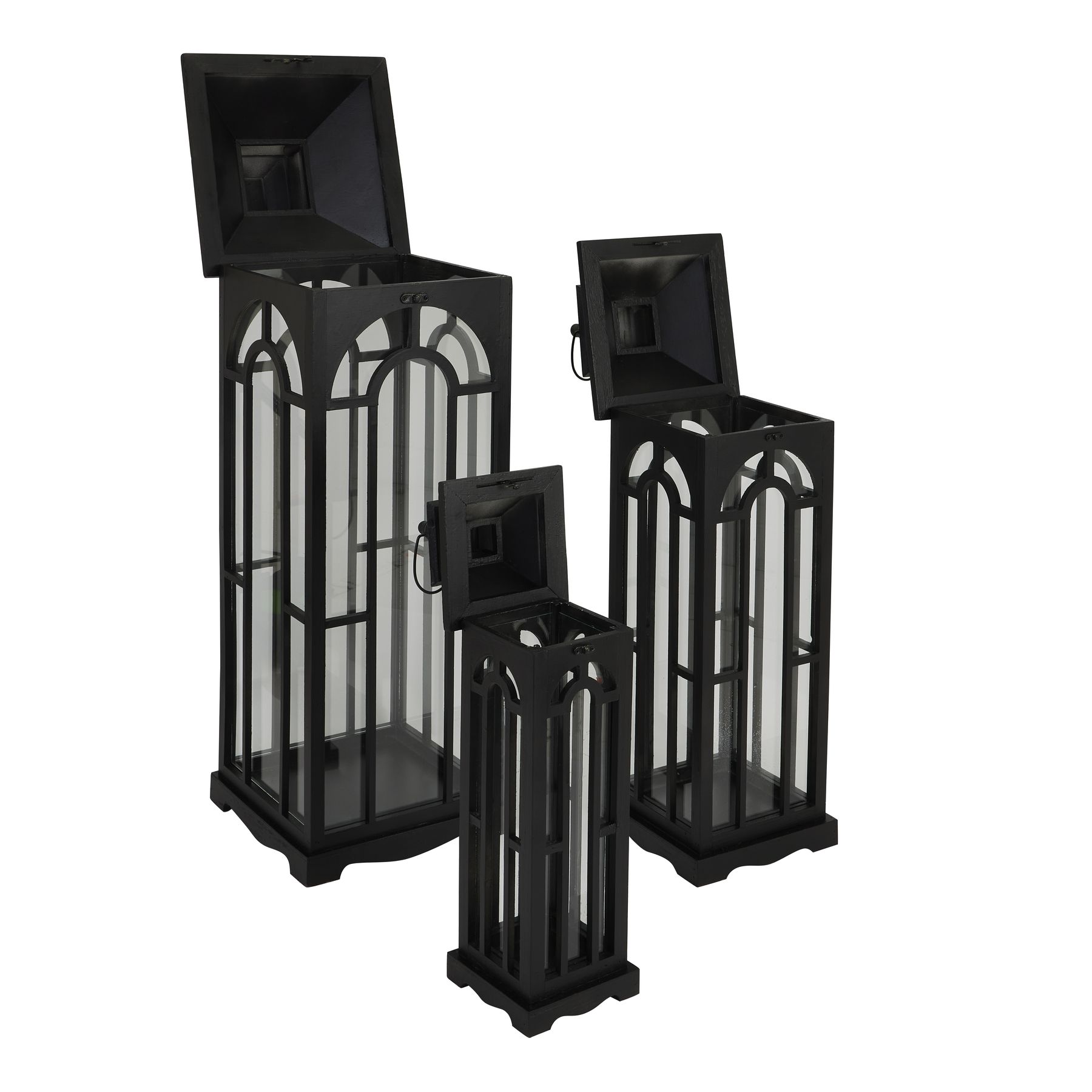 Set Of Three Black Wooden Lanterns With Archway Design - Image 2
