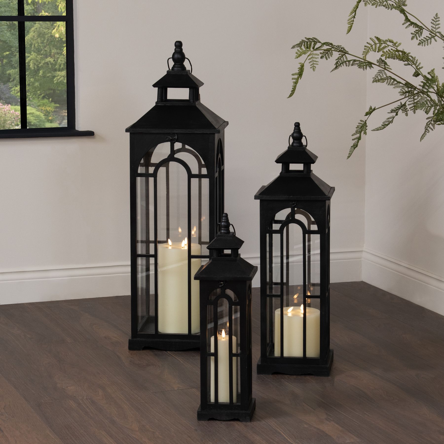 Set Of Three Black Wooden Lanterns With Archway Design - Image 4