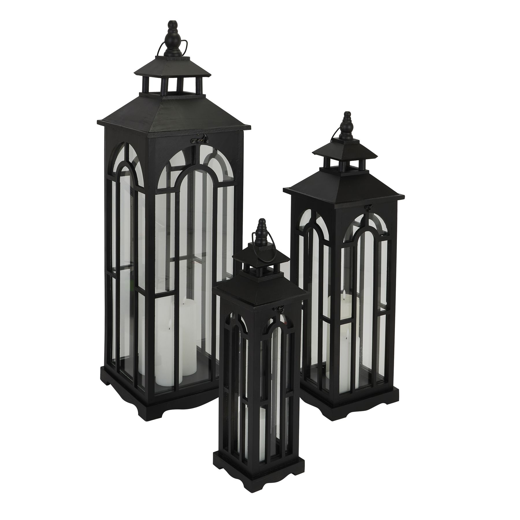 Set Of Three Black Wooden Lanterns With Archway Design - Image 1