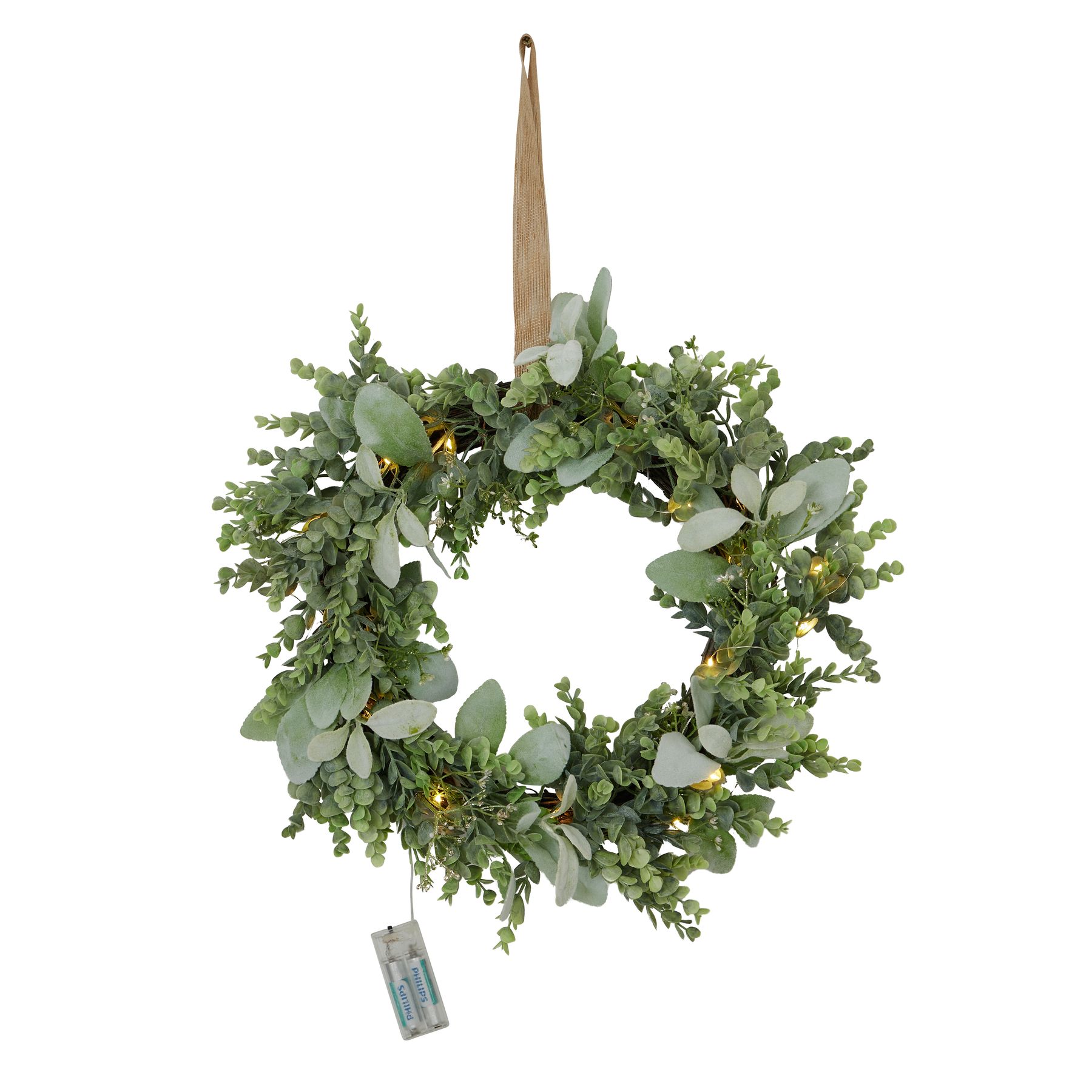 LED Winter Wreath With Eucalyptus And Lambs Ear - Image 1