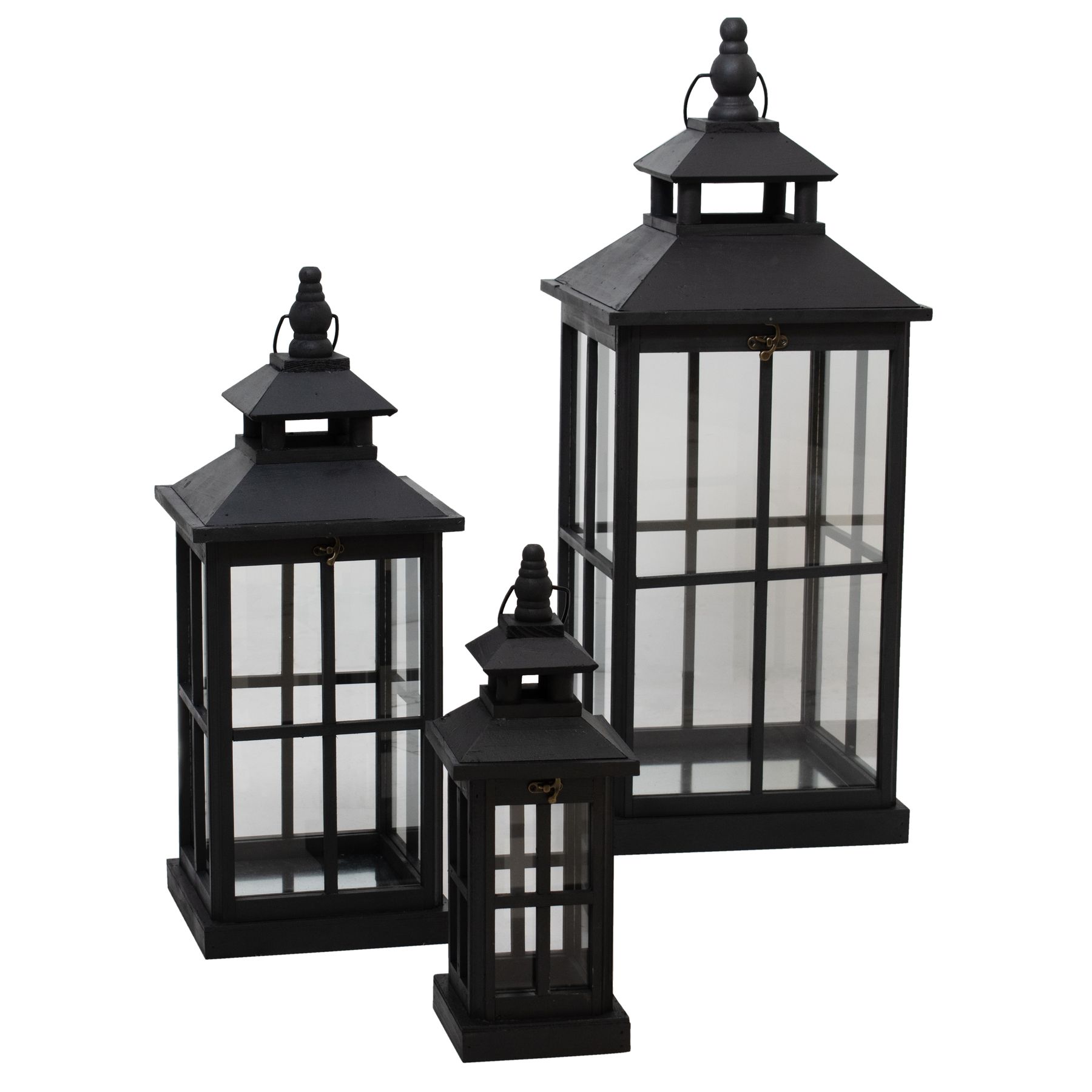 Set Of 3 Black Window Style Lanterns With Open Top - Image 1