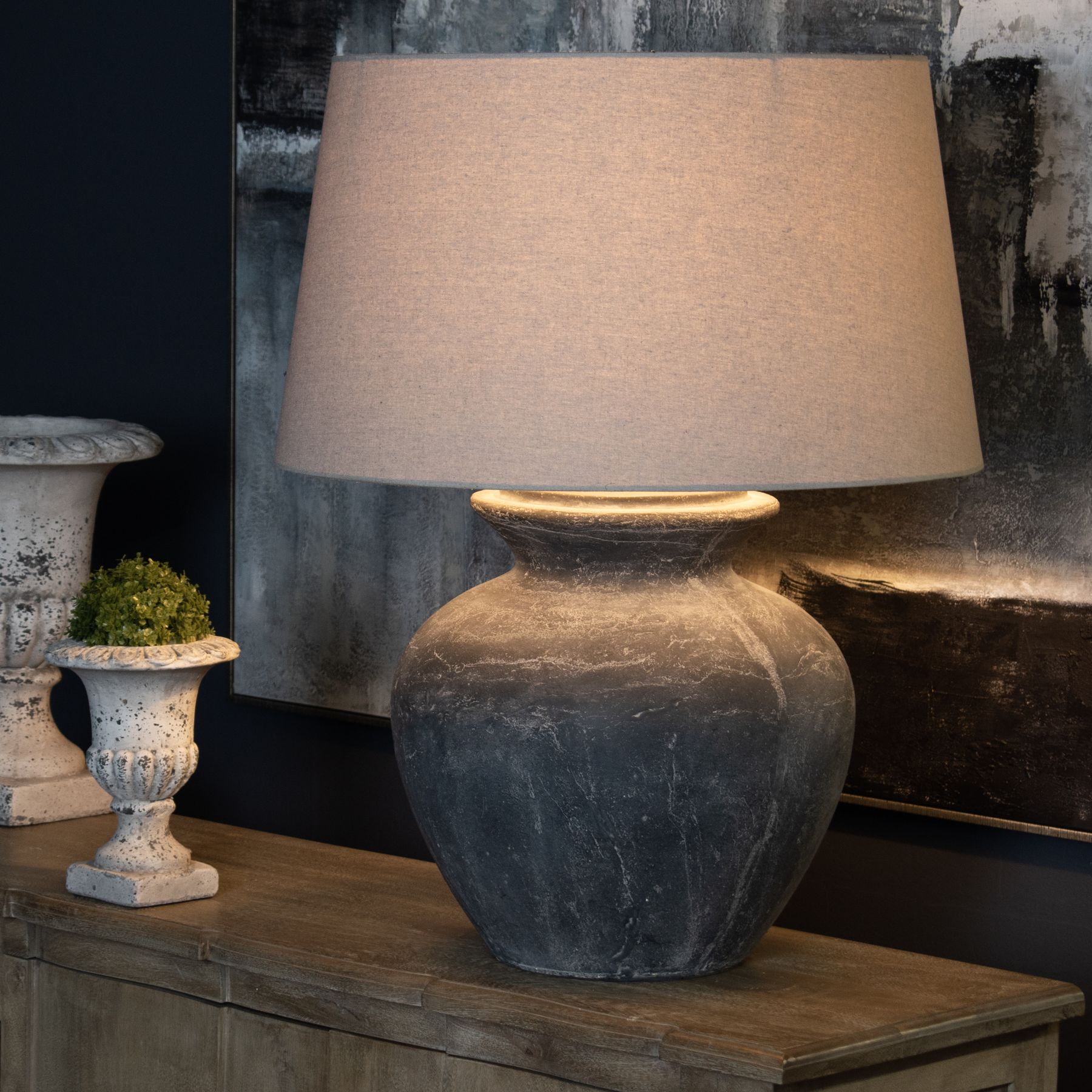 Amalfi Grey Round Table Lamp With Linen Shade - Image 6