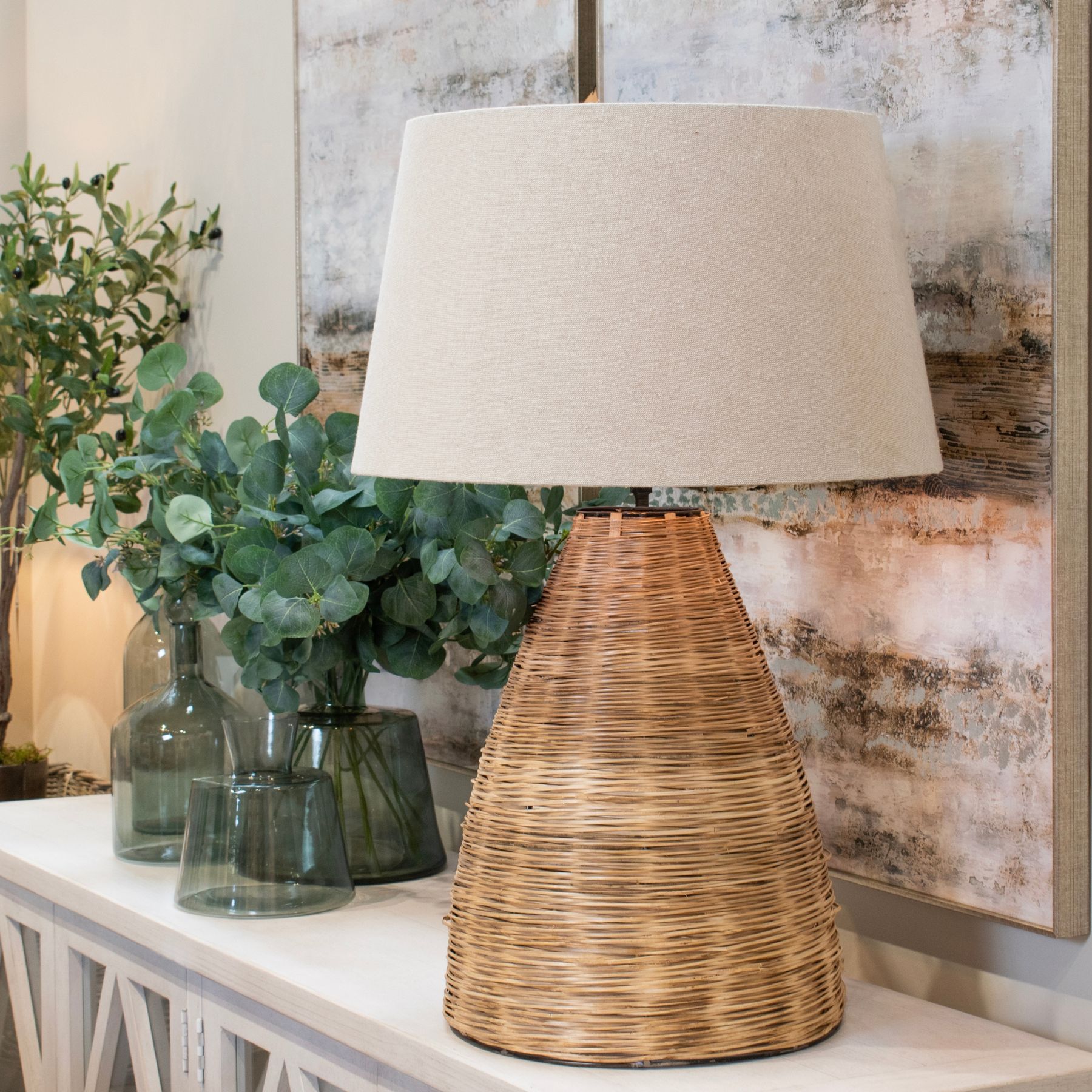 Conical Wicker Table Lamp With Linen Shade - Image 6
