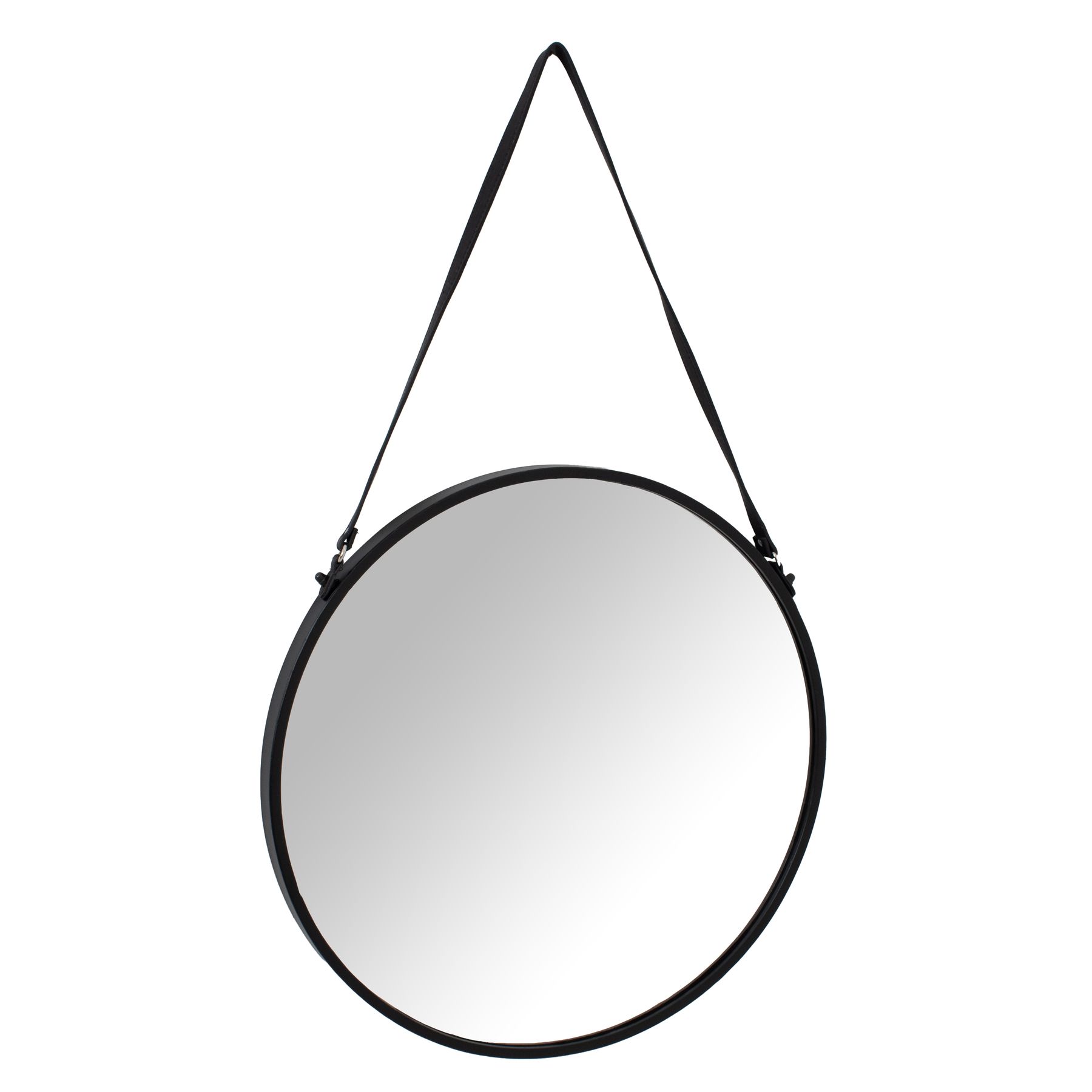 Matt Black Rimmed Round Hanging Wall Mirror With Black Strap - Image 1