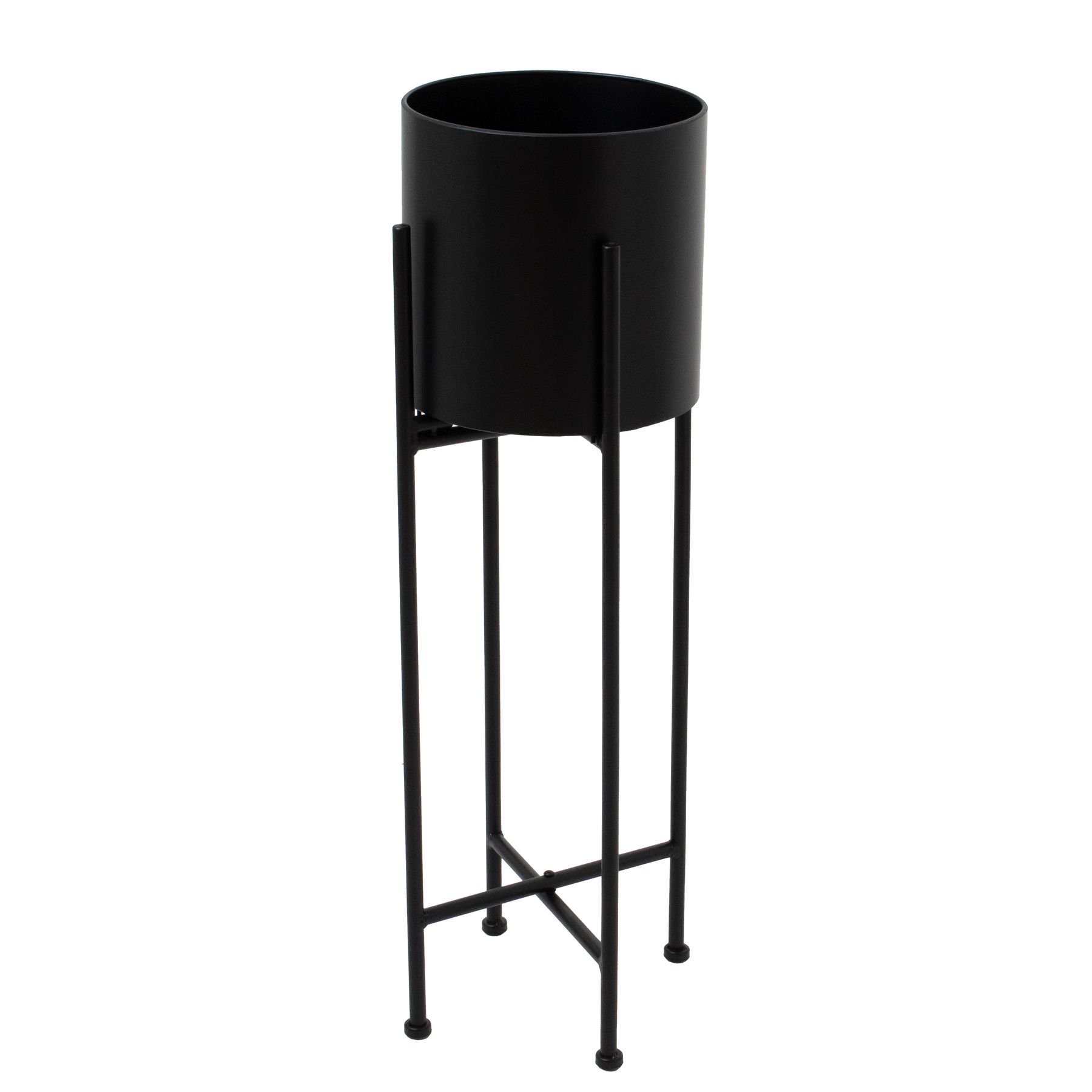 Matt Black Cylindrical Planter On Black Frame - Image 1