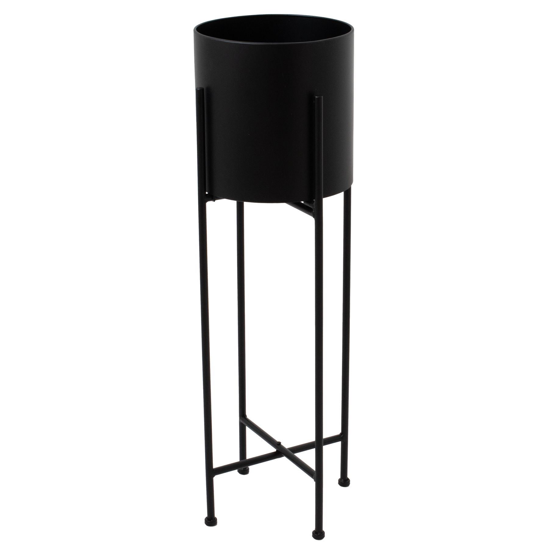 Large Matt Black Cylindrical Planter On Black Frame - Image 1