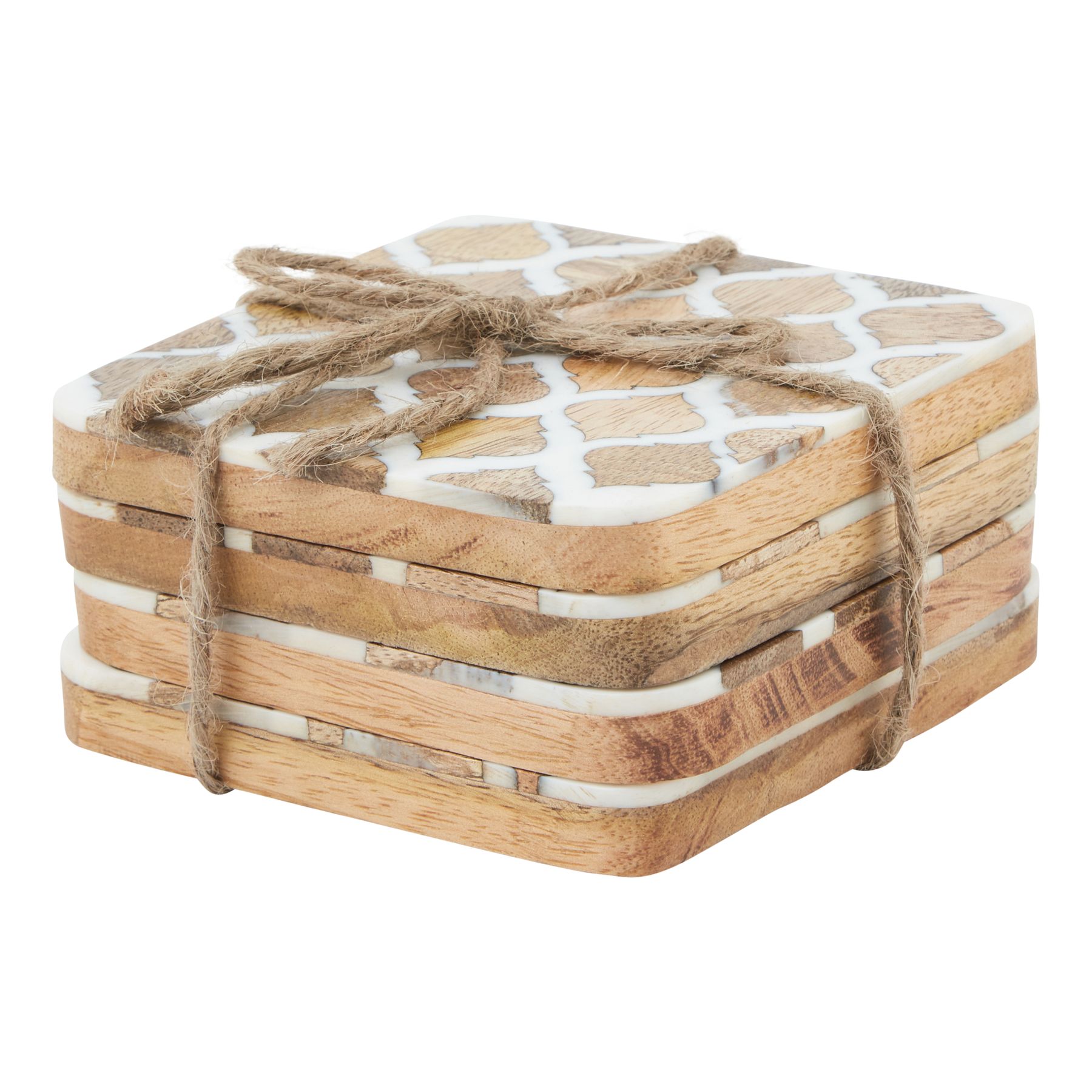 Set Of 4 Wood Effect White Geometric Coasters - Image 1