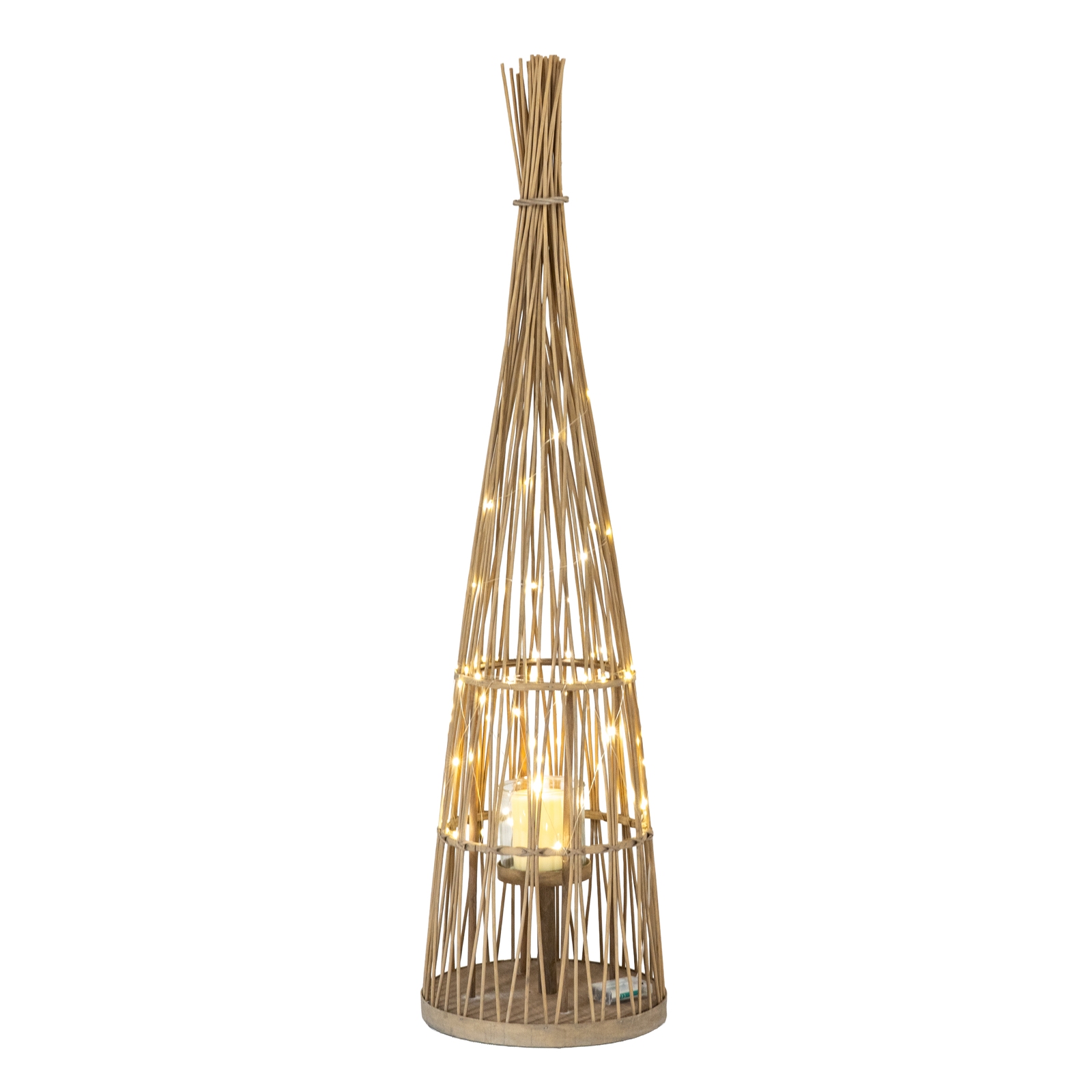 Large Conical Wicker Lantern With Glass Holder & LED Lights - Image 2