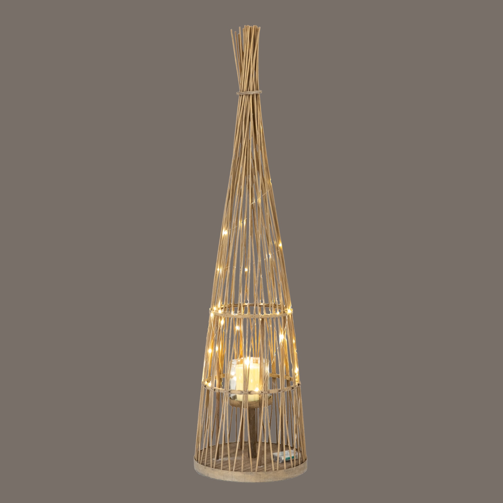Large Conical Wicker Lantern With Glass Holder & LED Lights - Image 4