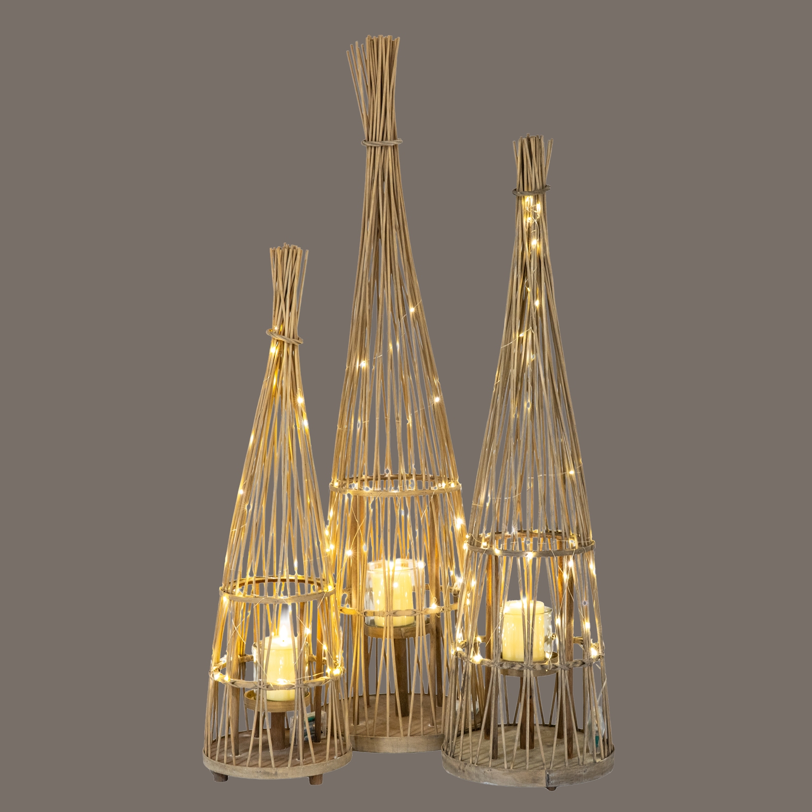 Large Conical Wicker Lantern With Glass Holder & LED Lights - Image 5