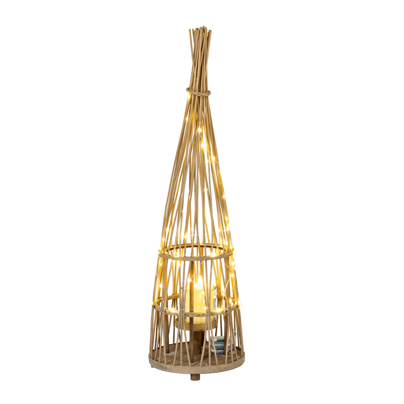 Medium Conical Wicker Lantern With Glass Holder & LED Lights - Image 2