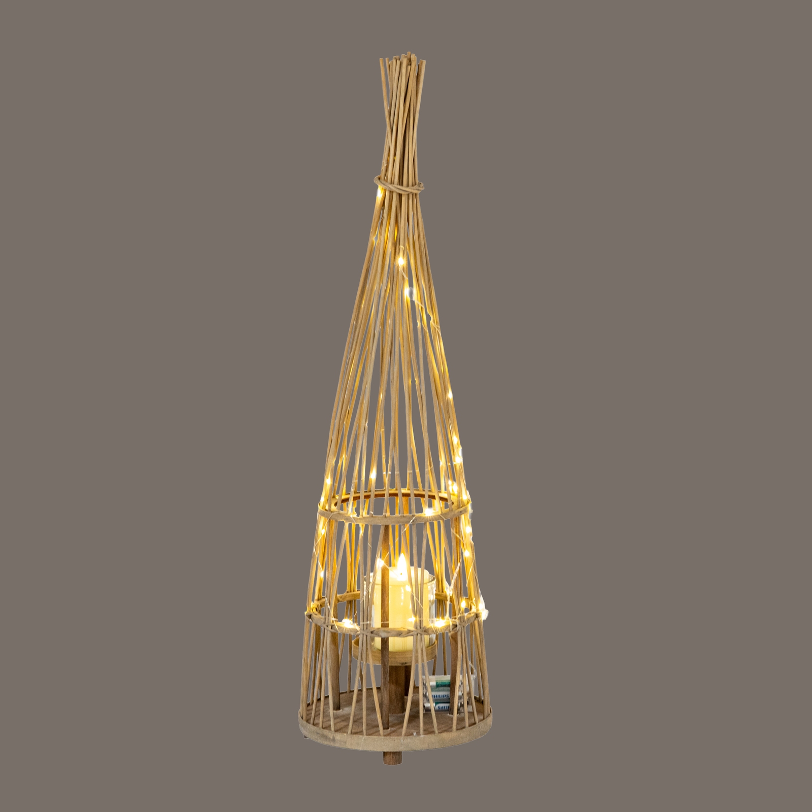 Medium Conical Wicker Lantern With Glass Holder & LED Lights - Image 4