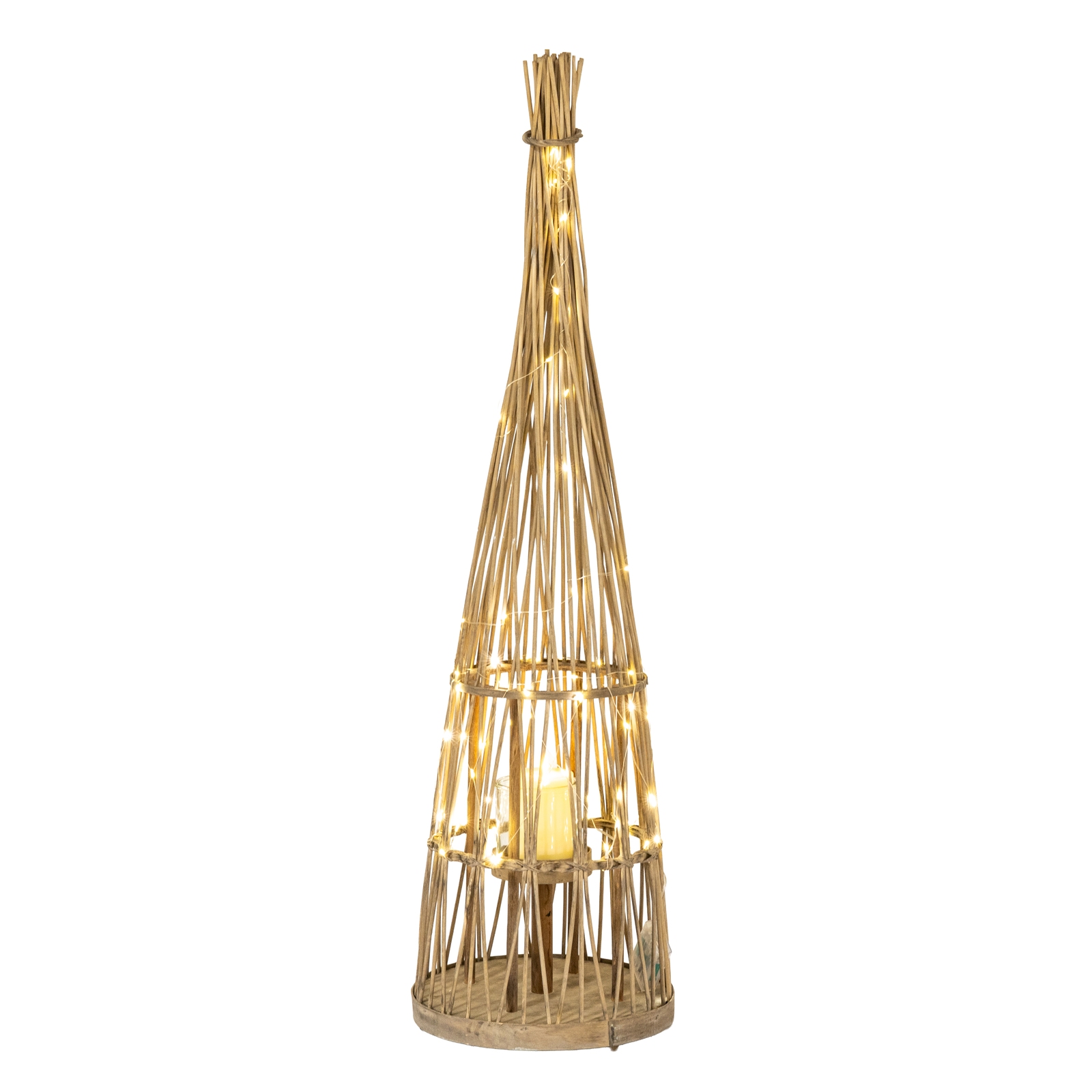 Small Conical Wicker Lantern With Glass Holder & LED Lights - Image 2