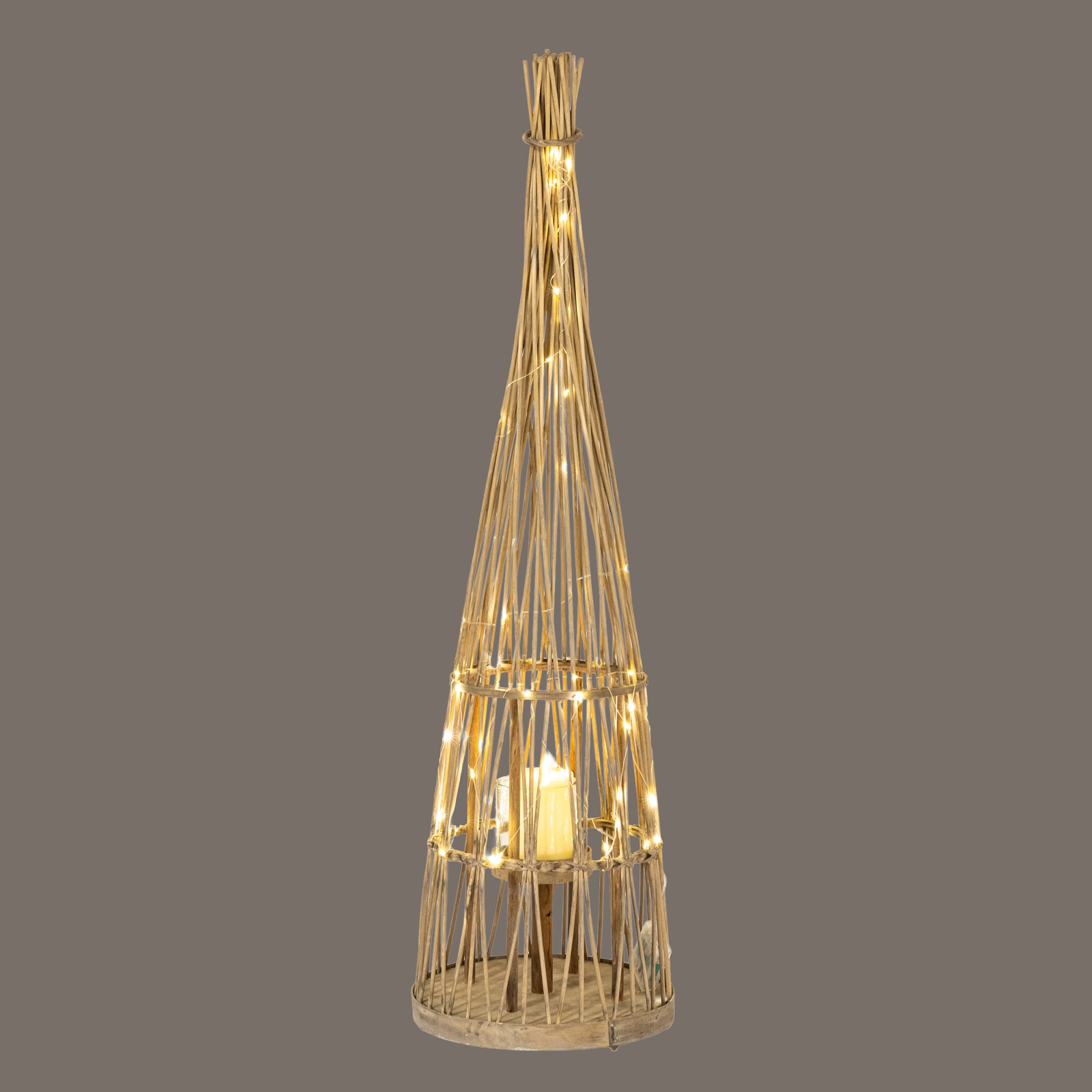 Small Conical Wicker Lantern With Glass Holder & LED Lights - Image 4
