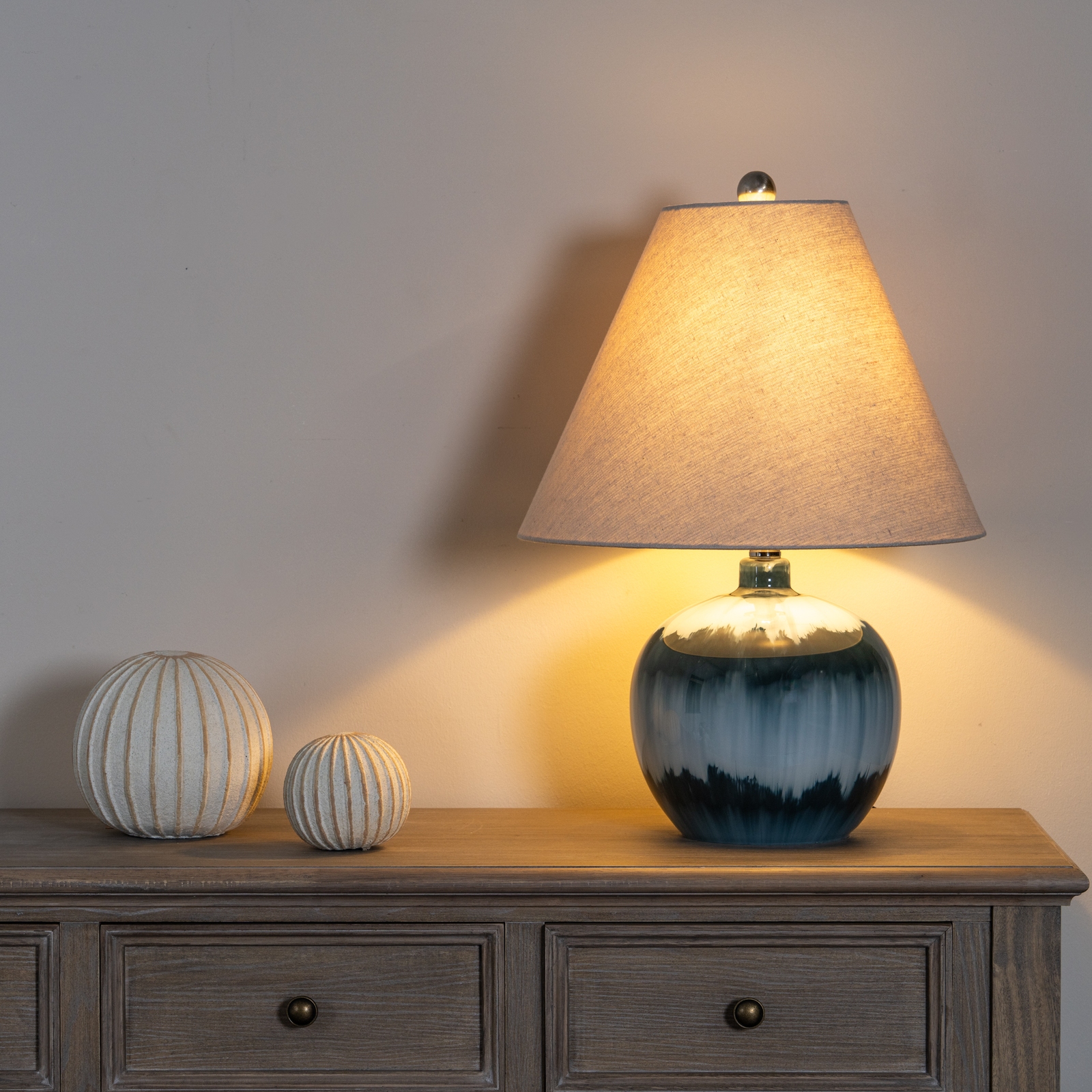 Ocean Shadows Squat  Table Lamp With Linen Shade - Image 2
