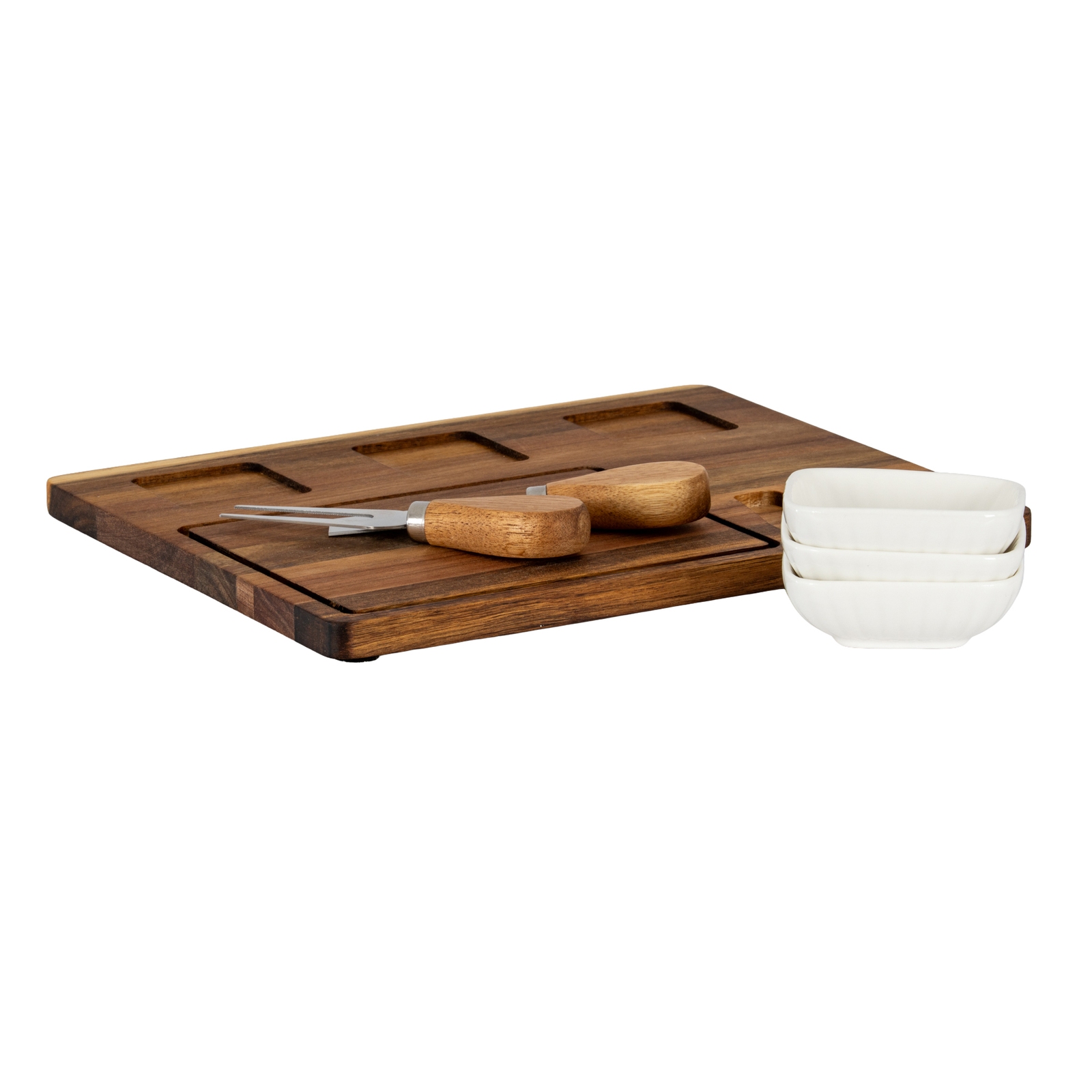 Acacia Cheese Board Set With White Ceramic Bowls And Cutlery - Image 2