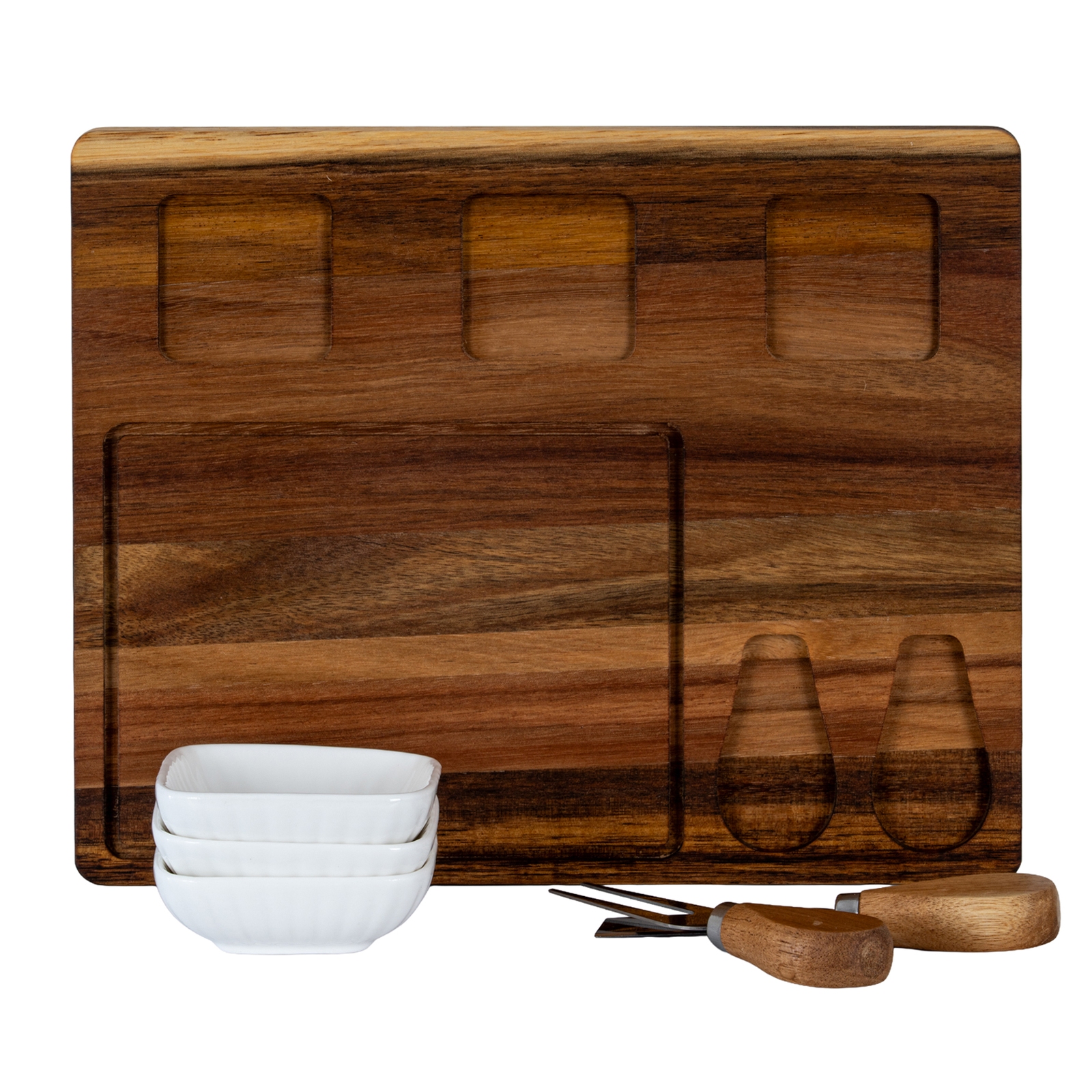 Acacia Cheese Board Set With White Ceramic Bowls And Cutlery - Image 3