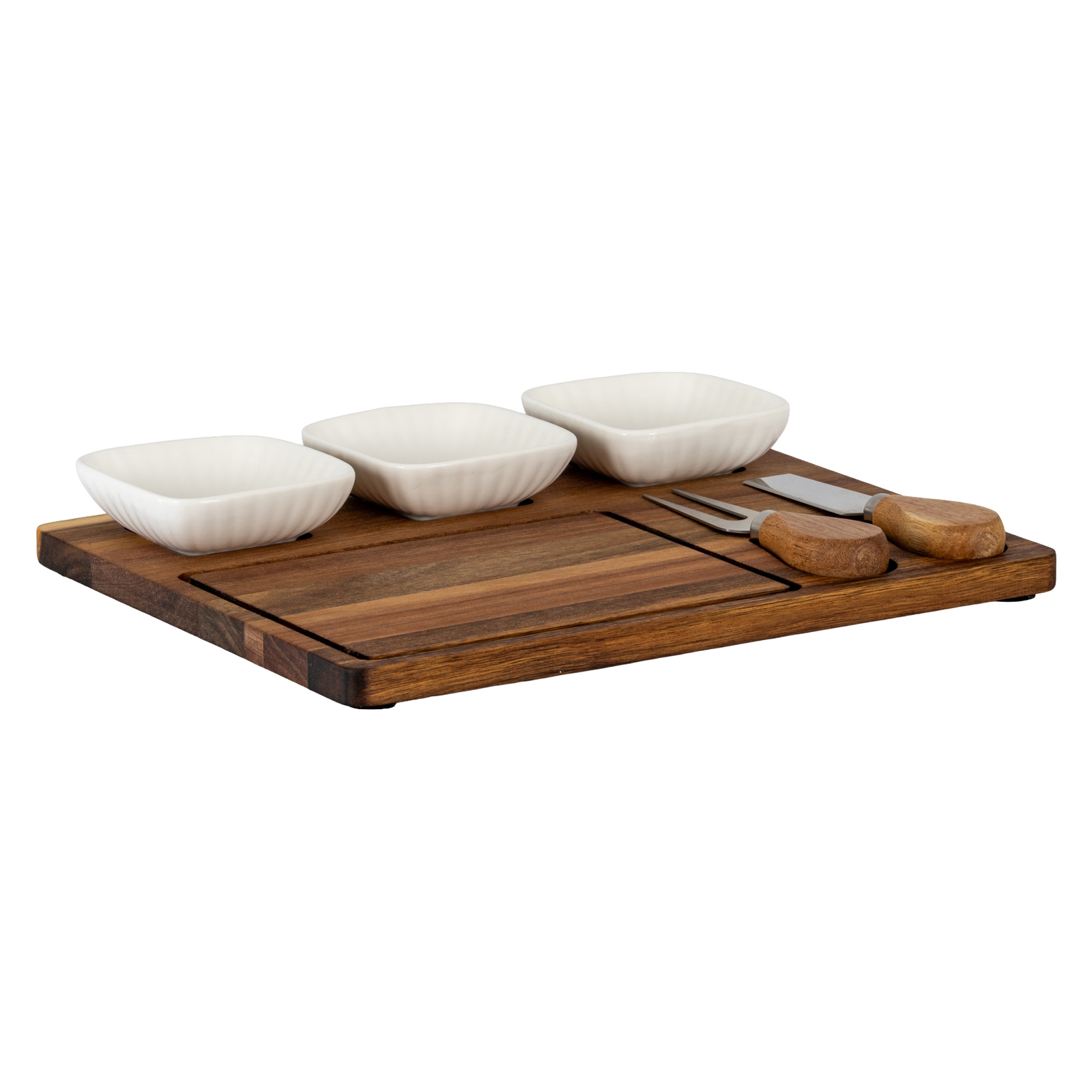 Acacia Cheese Board Set With White Ceramic Bowls And Cutlery - Image 4