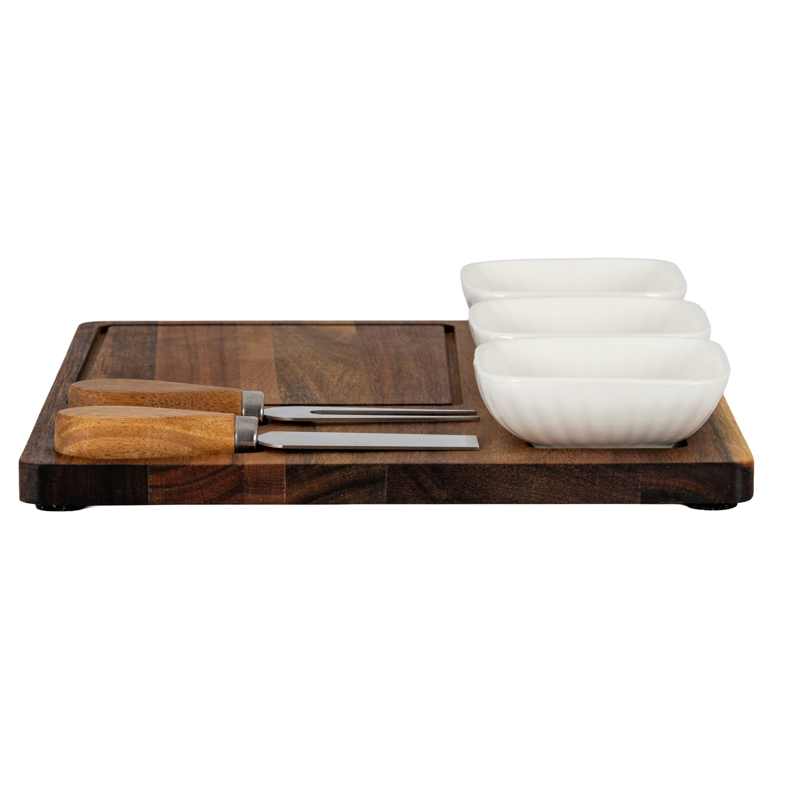 Acacia Cheese Board Set With White Ceramic Bowls And Cutlery - Image 5