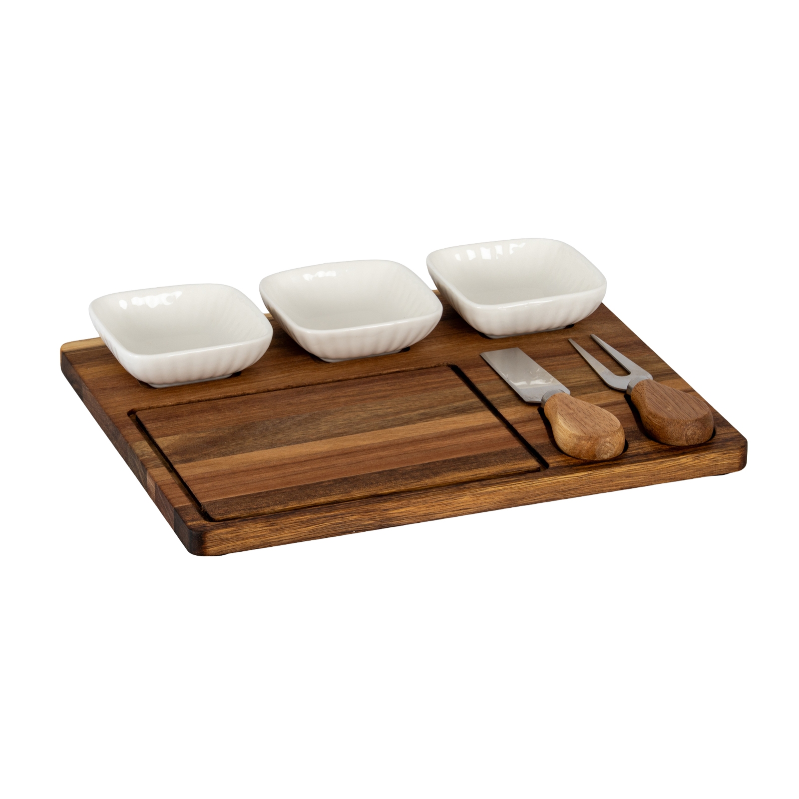 Acacia Cheese Board Set With White Ceramic Bowls And Cutlery - Image 1