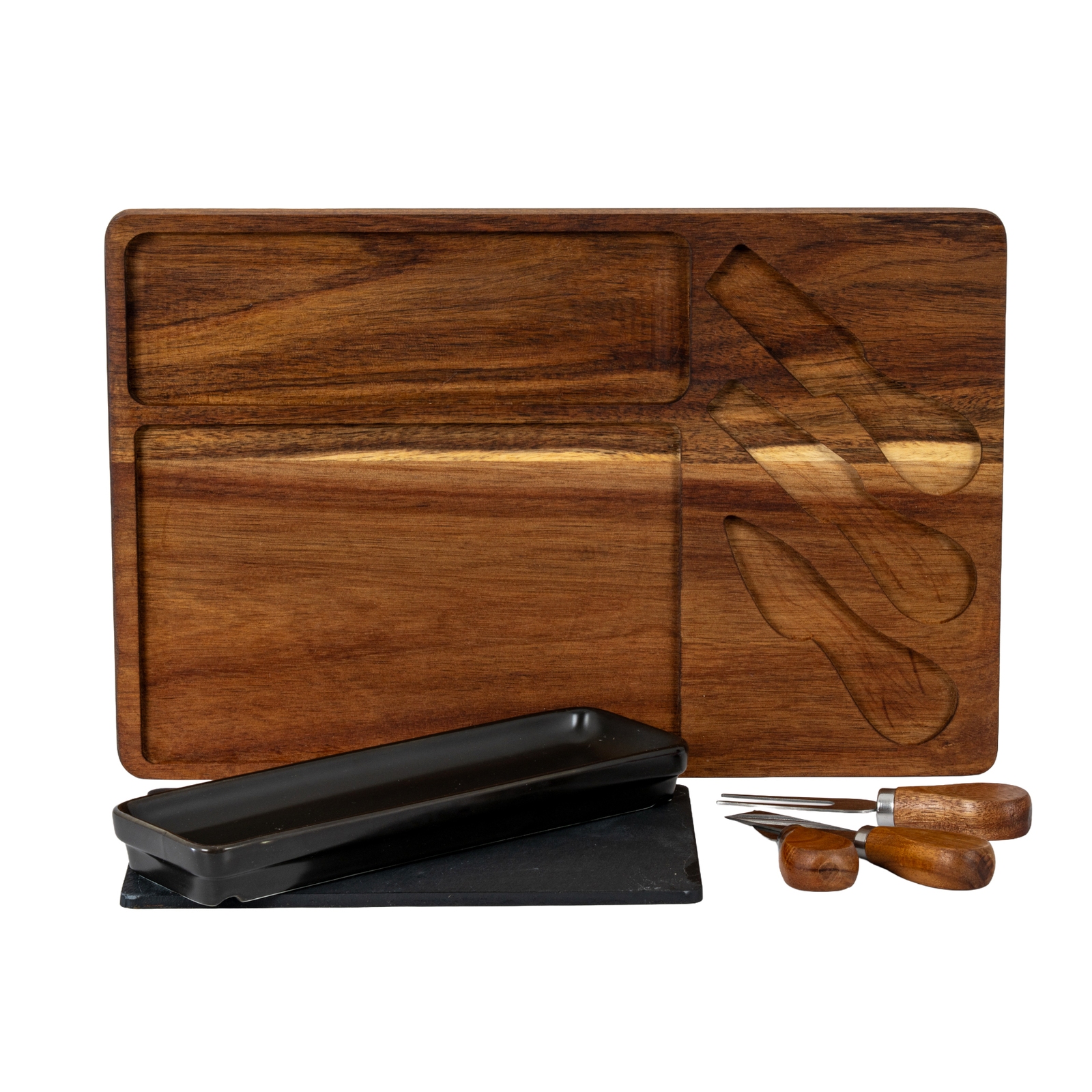 Acacia Cheese Board Set With Grey Bowl, Slate and Cutlery - Image 3